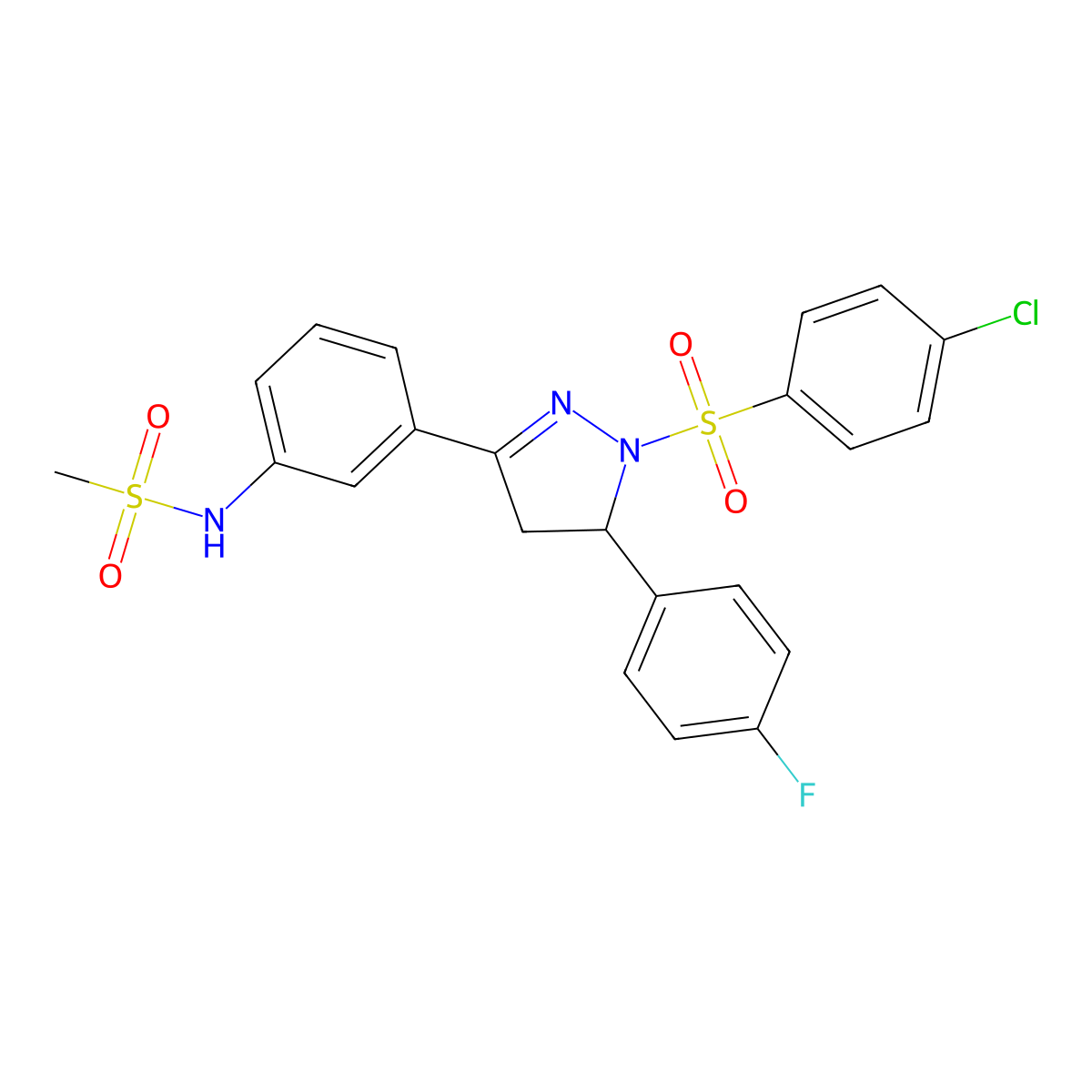 N-(3-(1-((4-chlorophenyl)sulfonyl)-5-(4-fluorophenyl)-4,5-dihydro-1H-pyrazol-3-yl)phenyl)methanesulfonamide molecular structure, CAS 851782-14-4