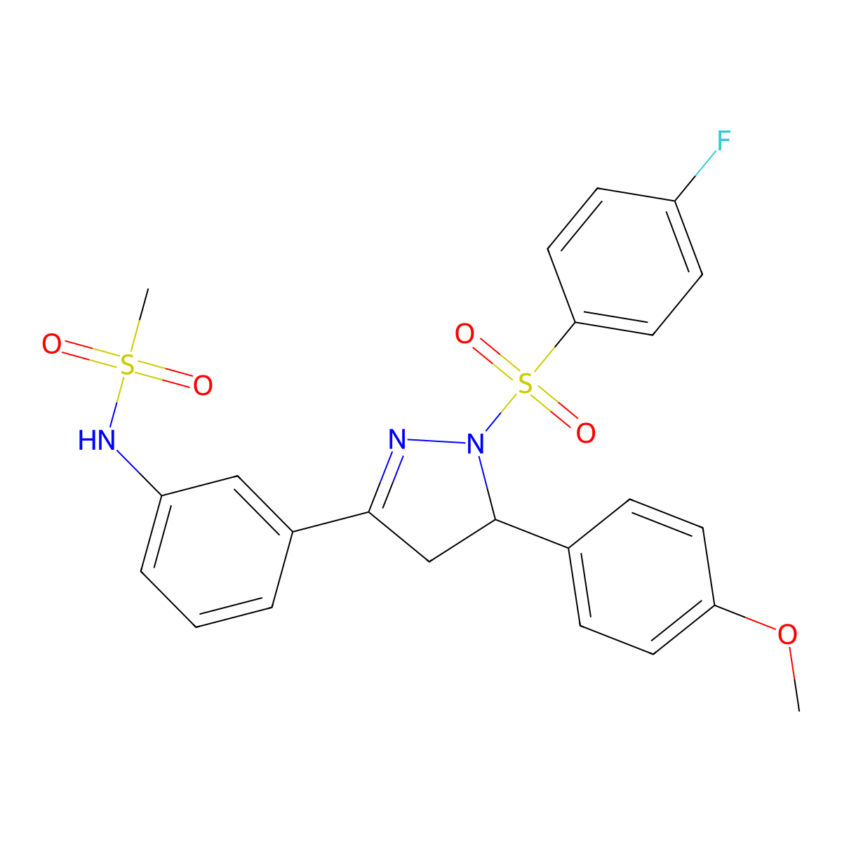 N-(3-(1-((4-fluorophenyl)sulfonyl)-5-(4-methoxyphenyl)-4,5-dihydro-1H-pyrazol-3-yl)phenyl)methanesulfonamide molecular structure, CAS 851782-26-8