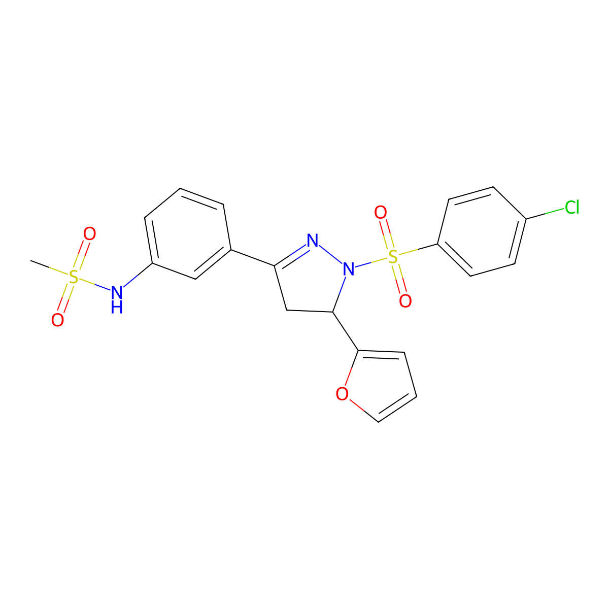 N-[3-[2-(4-chlorophenyl)sulfonyl-3-(furan-2-yl)-3,4-dihydropyrazol-5-yl]phenyl]methanesulfonamide molecular structure, CAS 851782-28-0