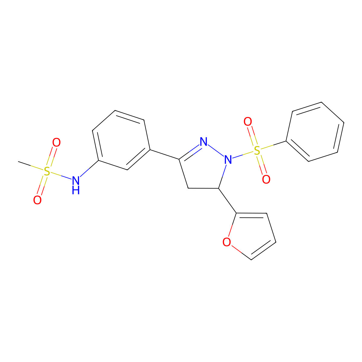 N-(3-(5-(furan-2-yl)-1-(phenylsulfonyl)-4,5-dihydro-1H-pyrazol-3-yl)phenyl)methanesulfonamide molecular structure, CAS 851782-30-4