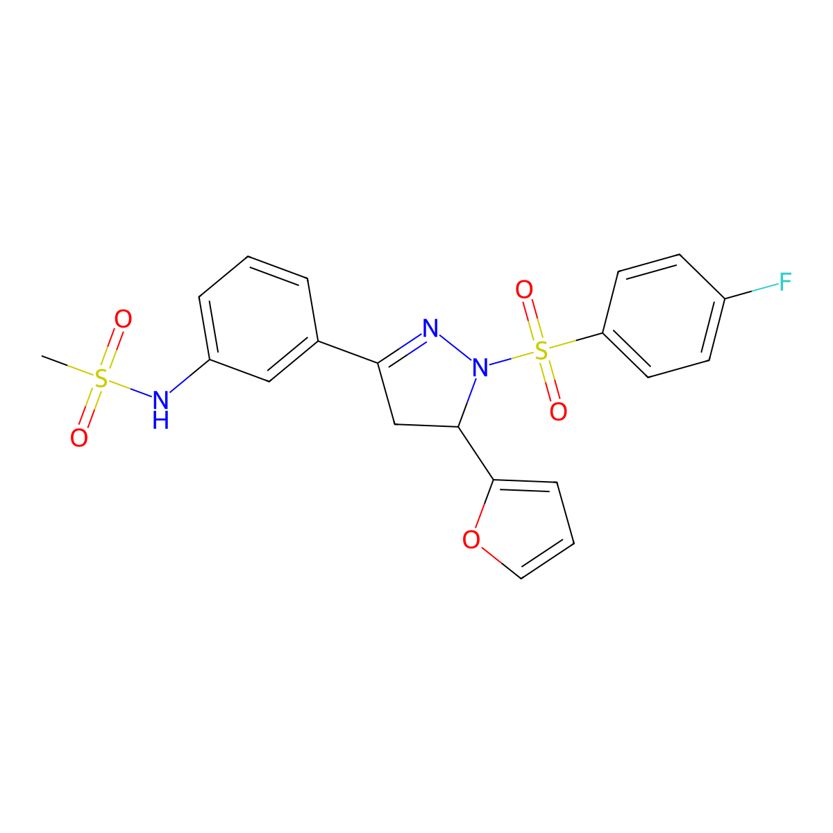 N-[3-[2-(4-fluorophenyl)sulfonyl-3-(furan-2-yl)-3,4-dihydropyrazol-5-yl]phenyl]methanesulfonamide molecular structure, CAS 851782-32-6