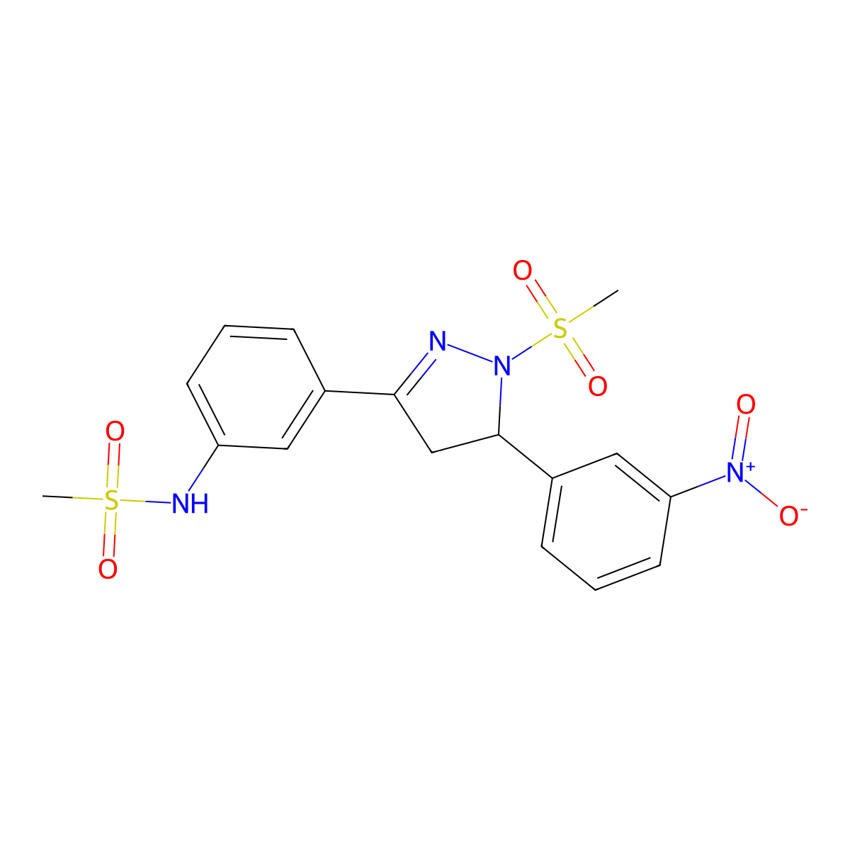N-(3-(1-(methylsulfonyl)-5-(3-nitrophenyl)-4,5-dihydro-1H-pyrazol-3-yl)phenyl)methanesulfonamide molecular structure, CAS 851782-34-8