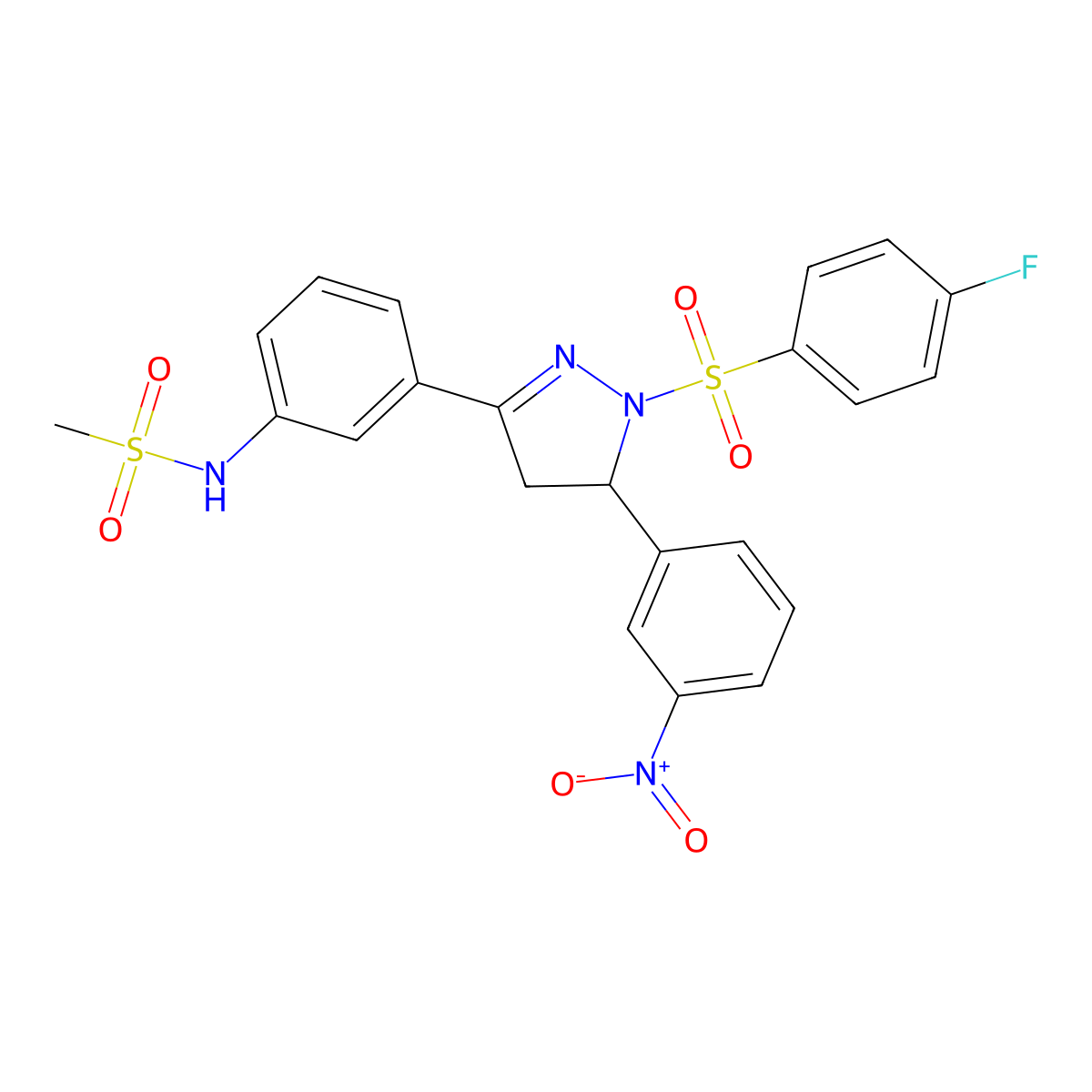 N-(3-(1-((4-fluorophenyl)sulfonyl)-5-(3-nitrophenyl)-4,5-dihydro-1H-pyrazol-3-yl)phenyl)methanesulfonamide molecular structure, CAS 851782-36-0