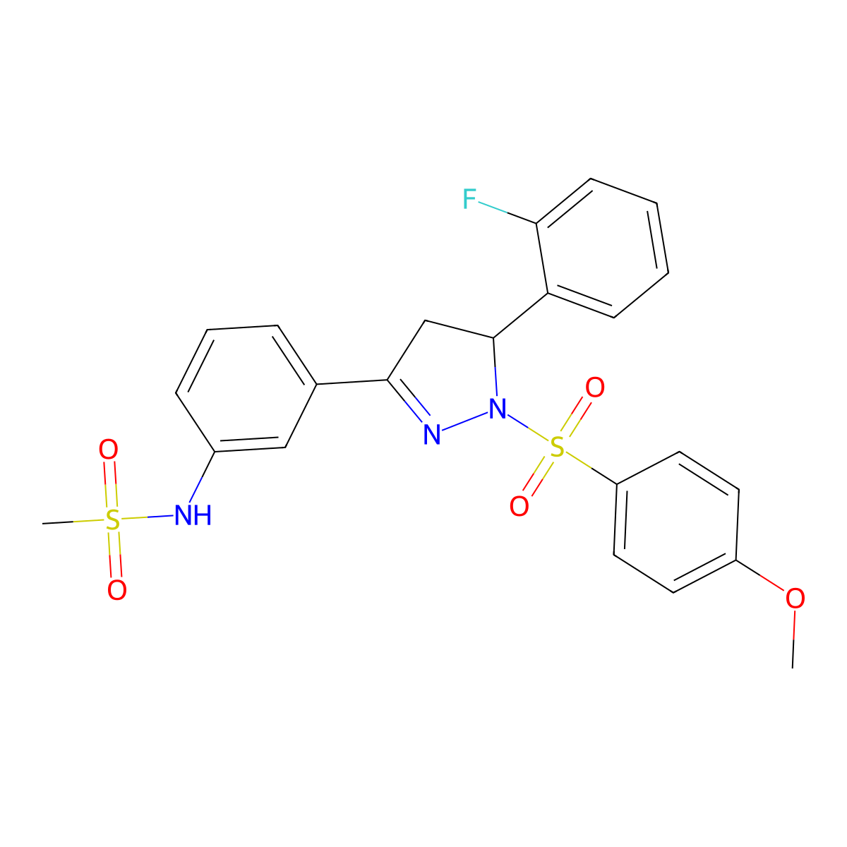 N-(3-(5-(2-fluorophenyl)-1-((4-methoxyphenyl)sulfonyl)-4,5-dihydro-1H-pyrazol-3-yl)phenyl)methanesulfonamide molecular structure, CAS 851782-41-7