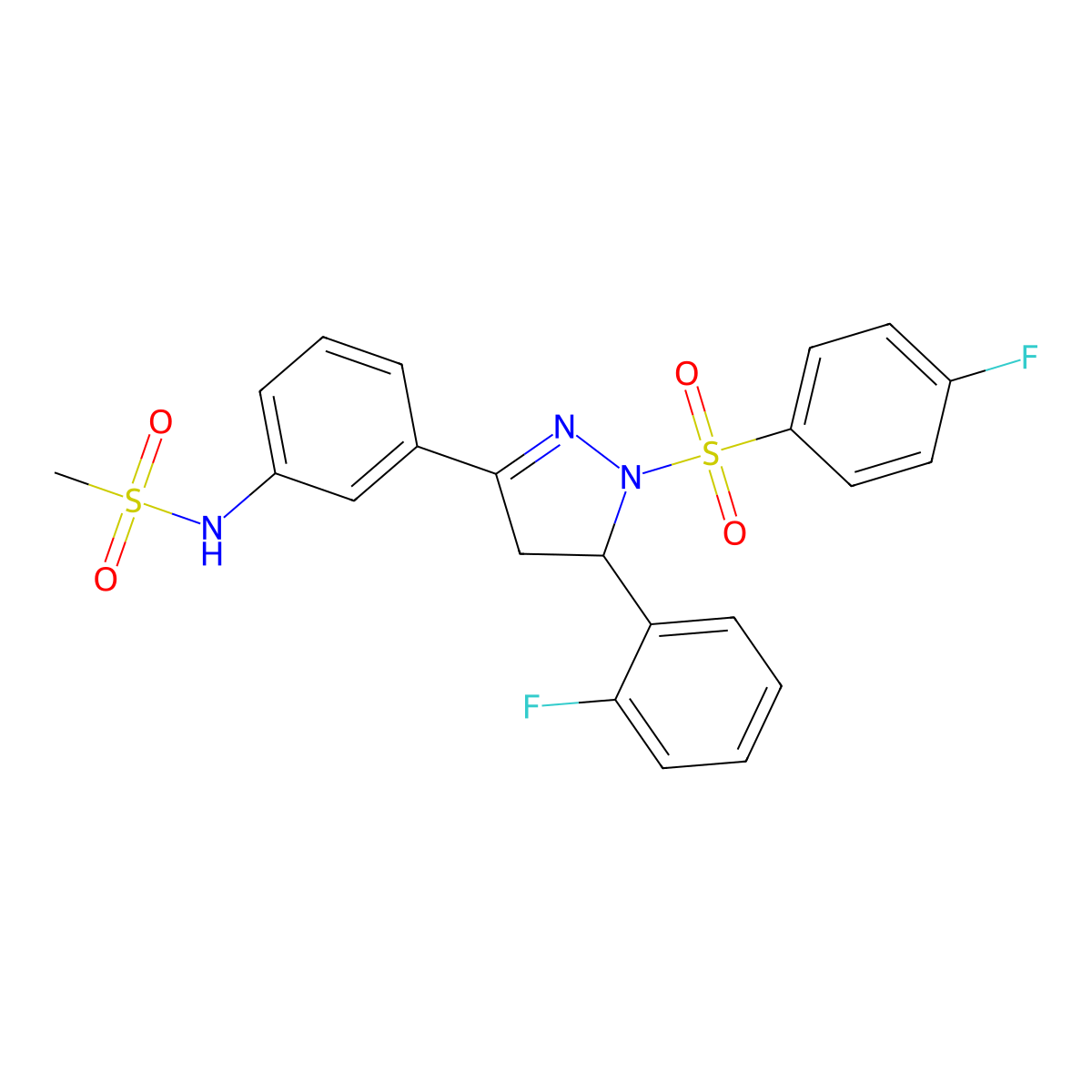 N-[3-[3-(2-fluorophenyl)-2-(4-fluorophenyl)sulfonyl-3,4-dihydropyrazol-5-yl]phenyl]methanesulfonamide molecular structure, CAS 851782-42-8