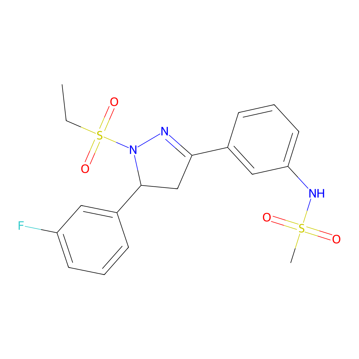 N-(3-(1-(ethylsulfonyl)-5-(3-fluorophenyl)-4,5-dihydro-1H-pyrazol-3-yl)phenyl)methanesulfonamide molecular structure, CAS 851782-43-9
