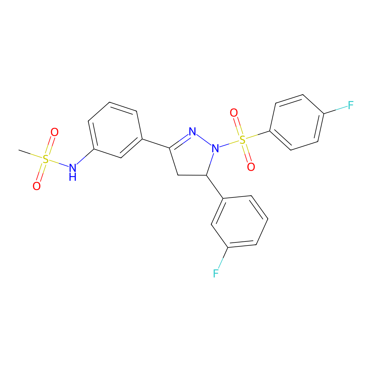 N-(3-(5-(3-fluorophenyl)-1-((4-fluorophenyl)sulfonyl)-4,5-dihydro-1H-pyrazol-3-yl)phenyl)methanesulfonamide molecular structure, CAS 851782-46-2