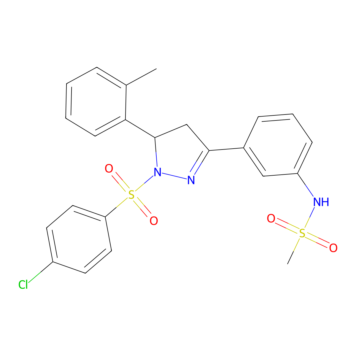 N-[3-[2-(4-chlorophenyl)sulfonyl-3-(2-methylphenyl)-3,4-dihydropyrazol-5-yl]phenyl]methanesulfonamide molecular structure, CAS 851782-47-3