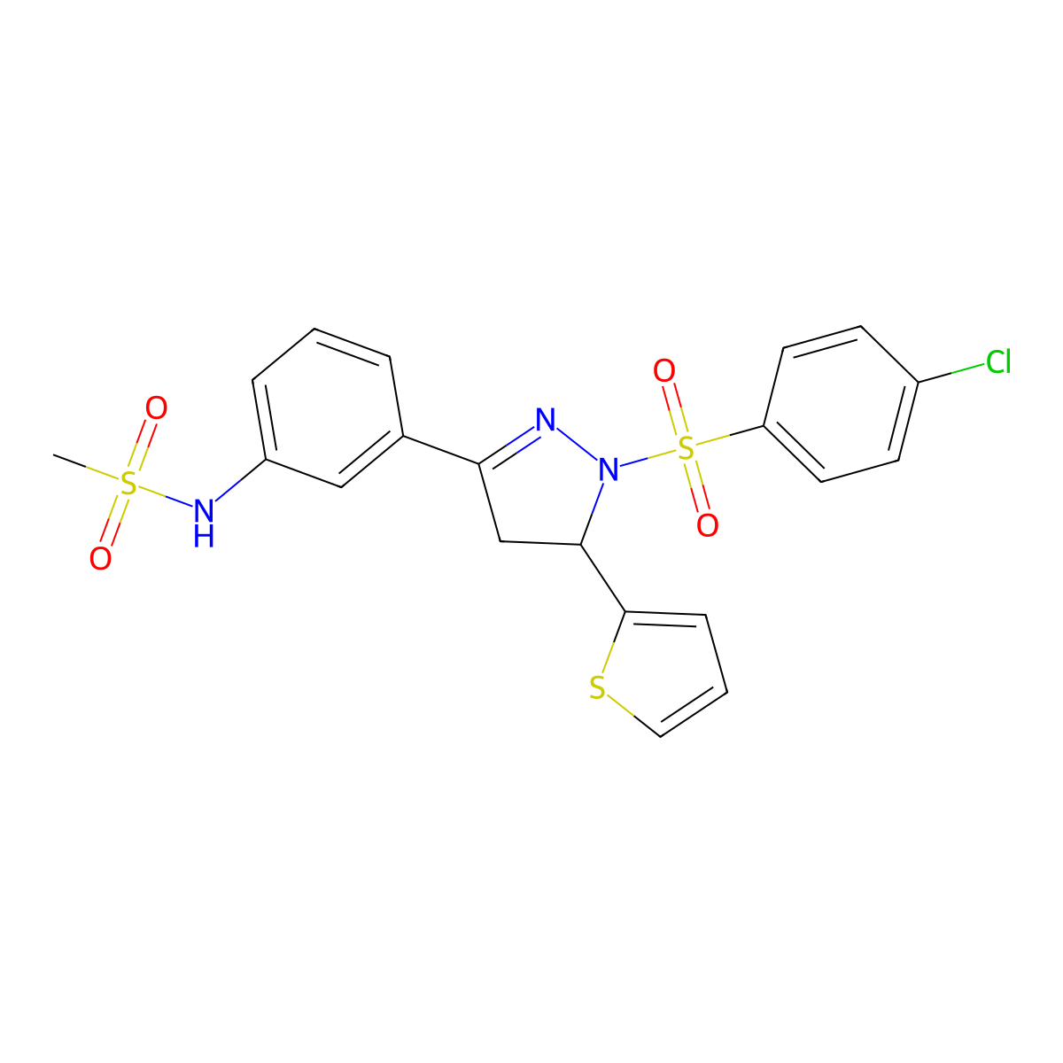 N-(3-(1-((4-chlorophenyl)sulfonyl)-5-(thiophen-2-yl)-4,5-dihydro-1H-pyrazol-3-yl)phenyl)methanesulfonamide molecular structure, CAS 851782-53-1