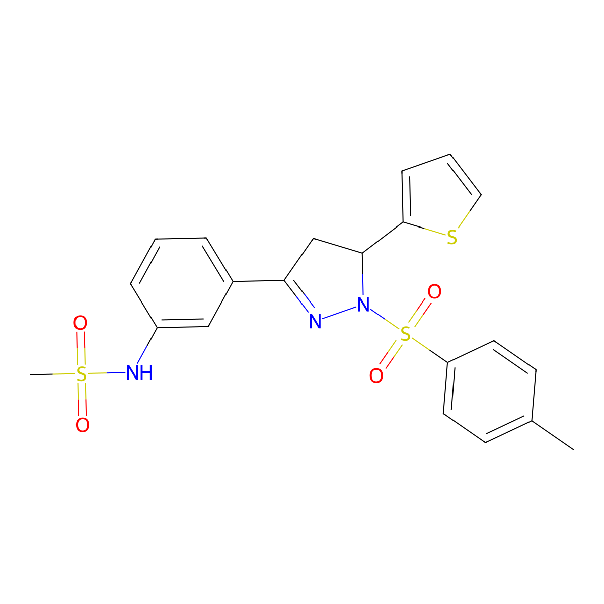 N-(3-(5-(thiophen-2-yl)-1-tosyl-4,5-dihydro-1H-pyrazol-3-yl)phenyl)methanesulfonamide molecular structure, CAS 851782-55-3