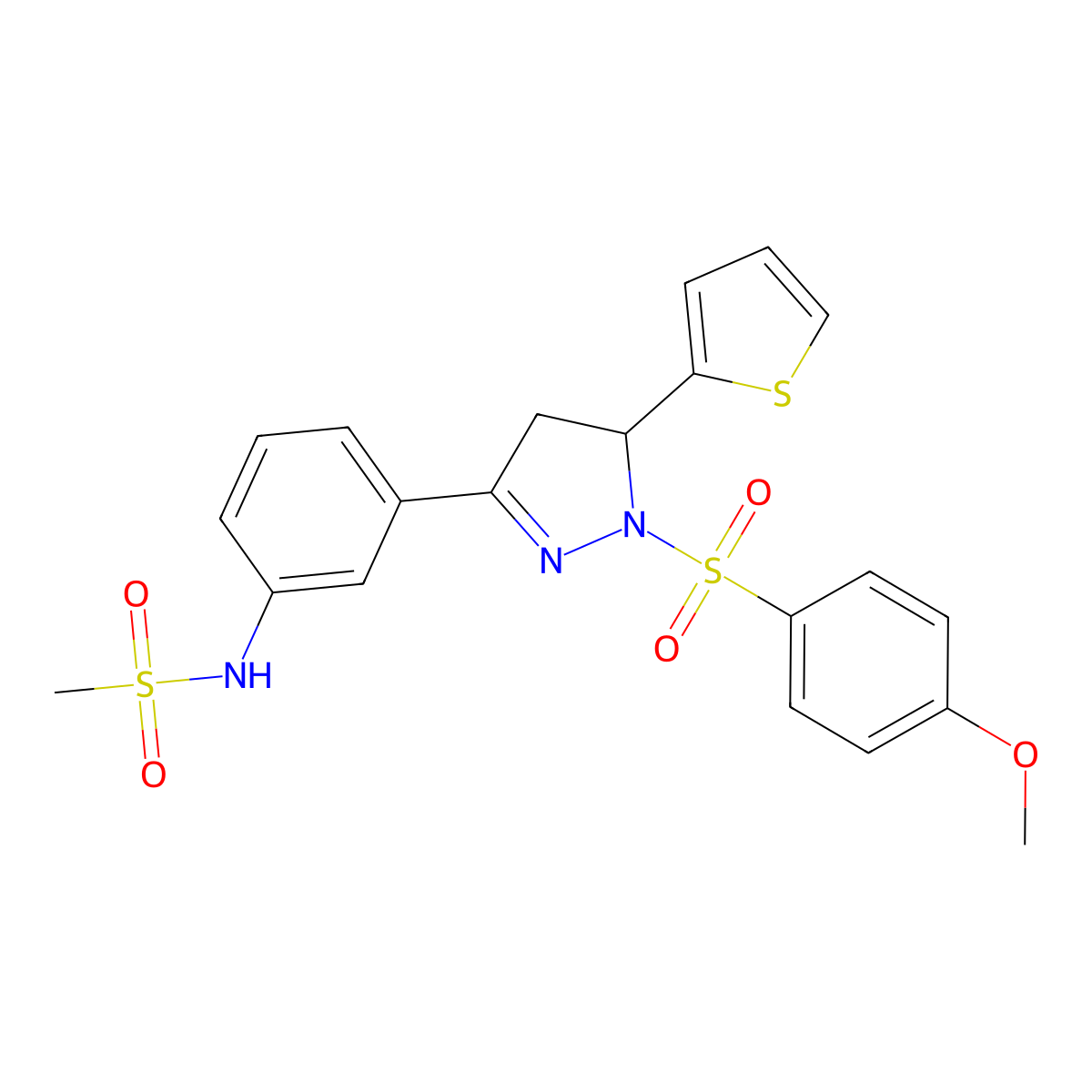 N-(3-(1-((4-methoxyphenyl)sulfonyl)-5-(thiophen-2-yl)-4,5-dihydro-1H-pyrazol-3-yl)phenyl)methanesulfonamide molecular structure, CAS 851782-56-4