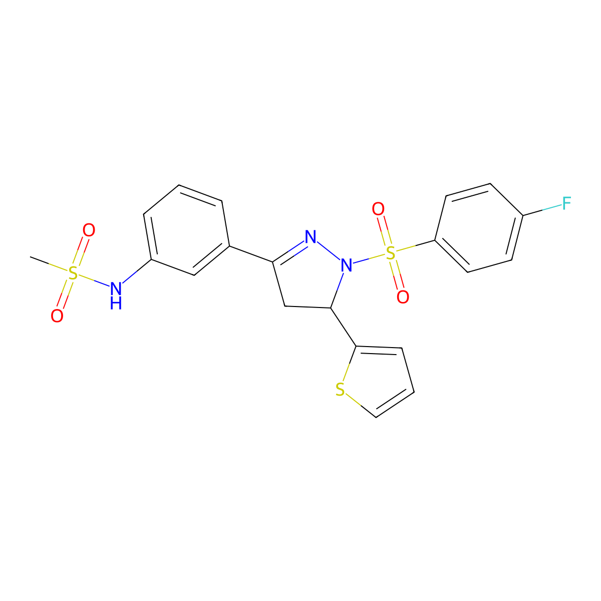 N-(3-(1-((4-fluorophenyl)sulfonyl)-5-(thiophen-2-yl)-4,5-dihydro-1H-pyrazol-3-yl)phenyl)methanesulfonamide molecular structure, CAS 851782-57-5