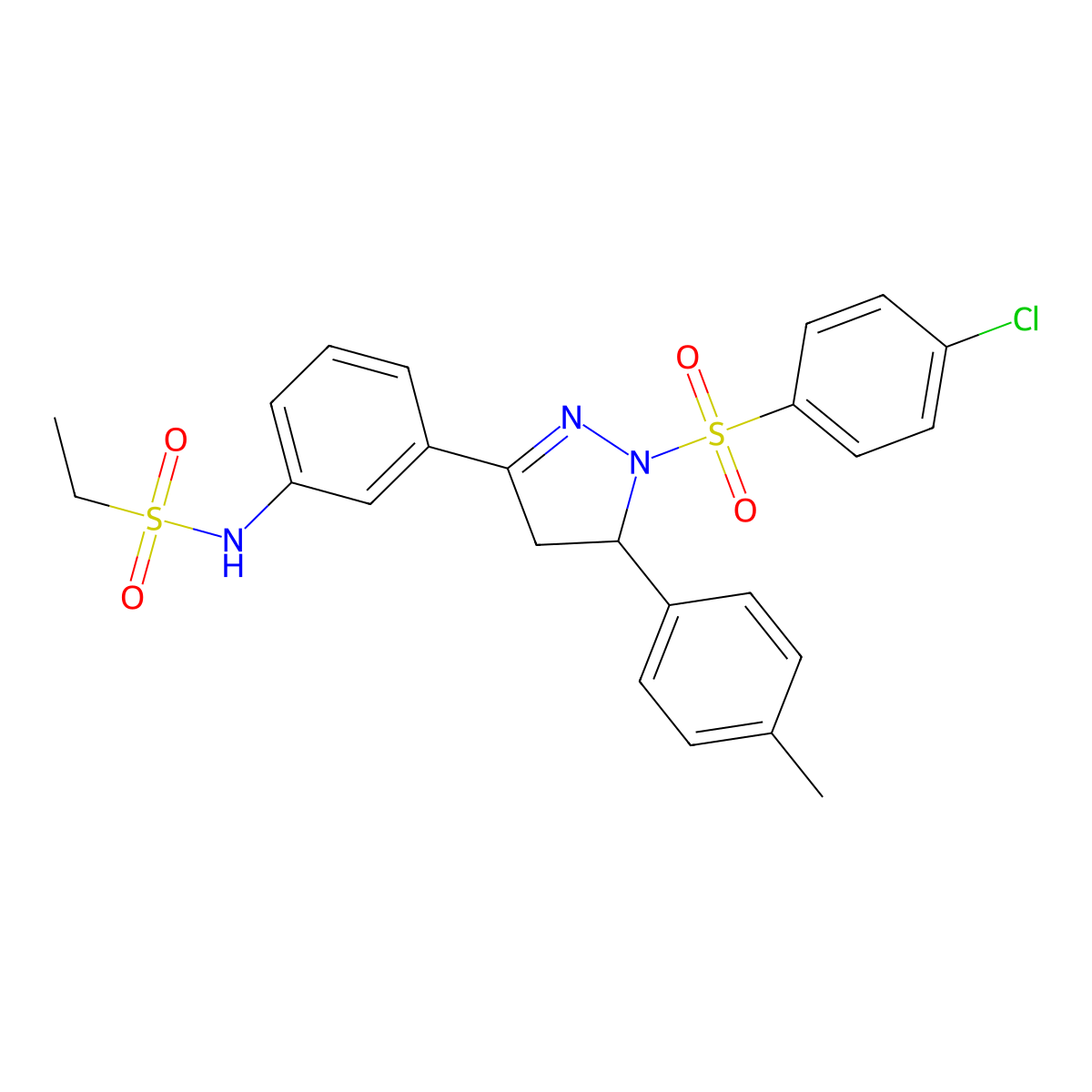 N-(3-(1-((4-chlorophenyl)sulfonyl)-5-(p-tolyl)-4,5-dihydro-1H-pyrazol-3-yl)phenyl)ethanesulfonamide molecular structure, CAS 851782-63-3