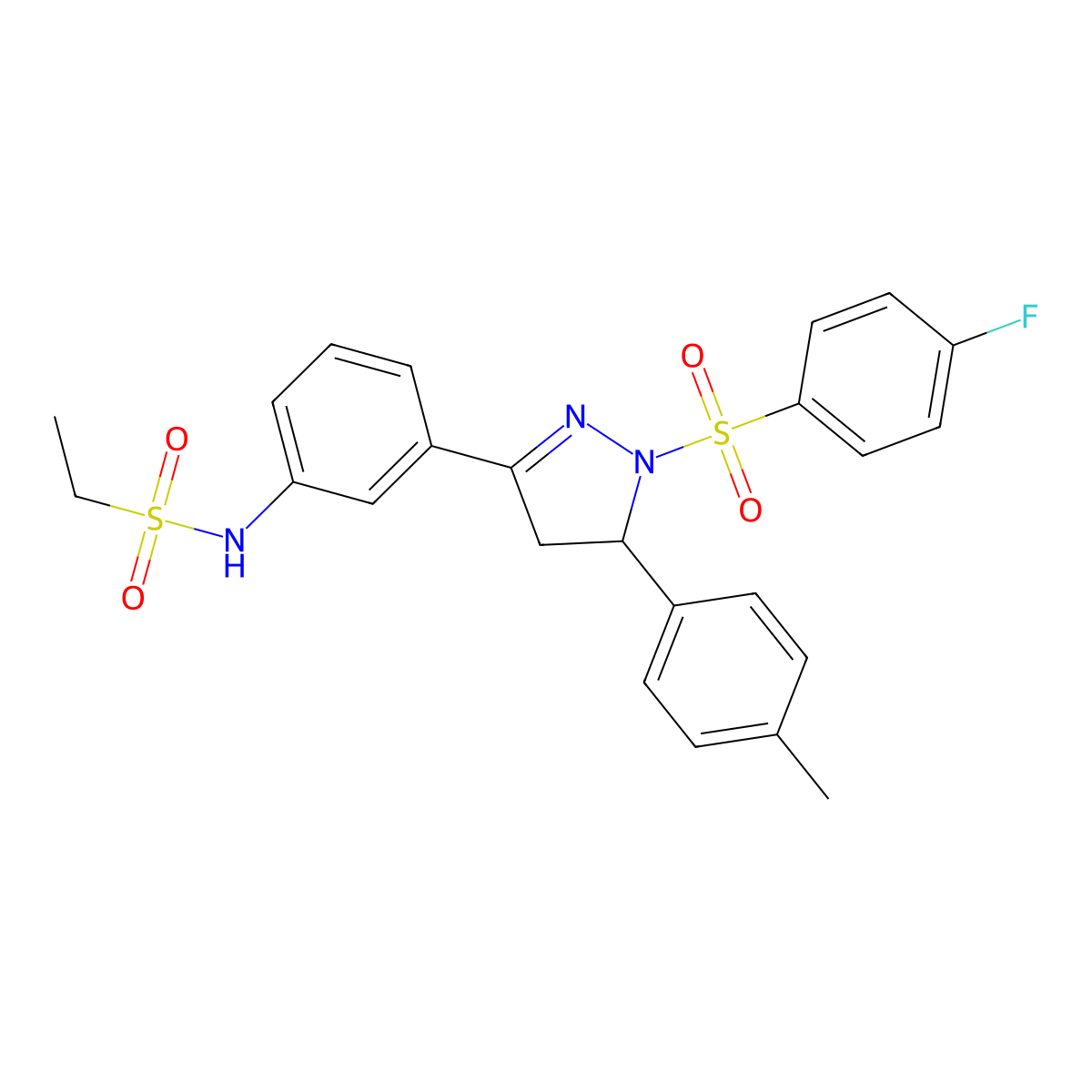 N-(3-(1-((4-fluorophenyl)sulfonyl)-5-(p-tolyl)-4,5-dihydro-1H-pyrazol-3-yl)phenyl)ethanesulfonamide molecular structure, CAS 851782-69-9