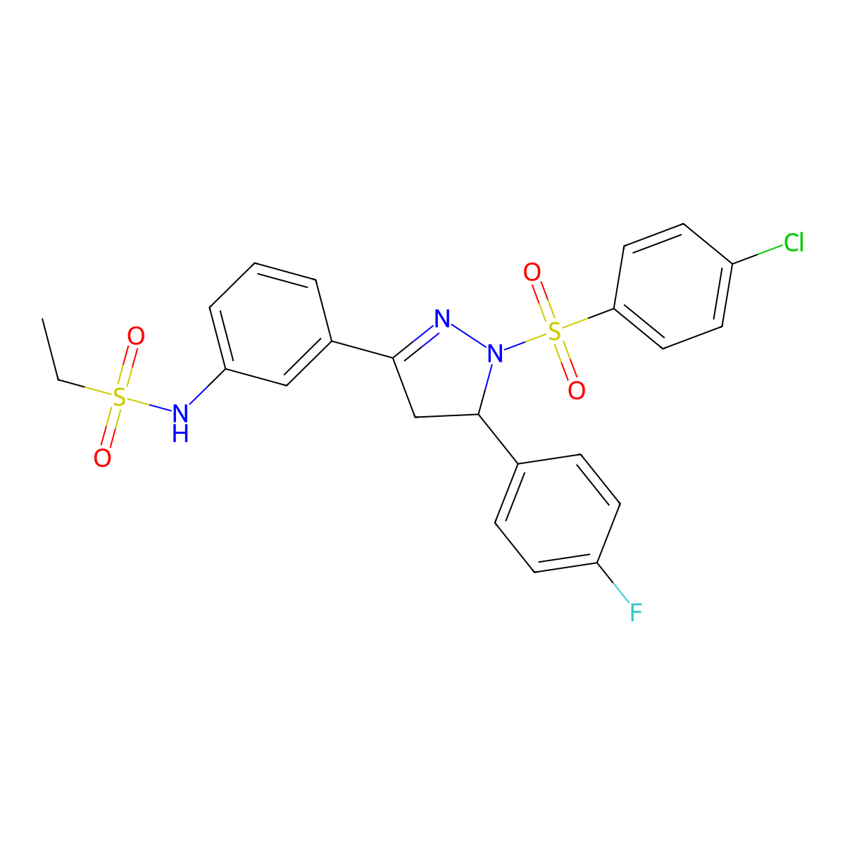 N-(3-(1-((4-chlorophenyl)sulfonyl)-5-(4-fluorophenyl)-4,5-dihydro-1H-pyrazol-3-yl)phenyl)ethanesulfonamide molecular structure, CAS 851782-70-2