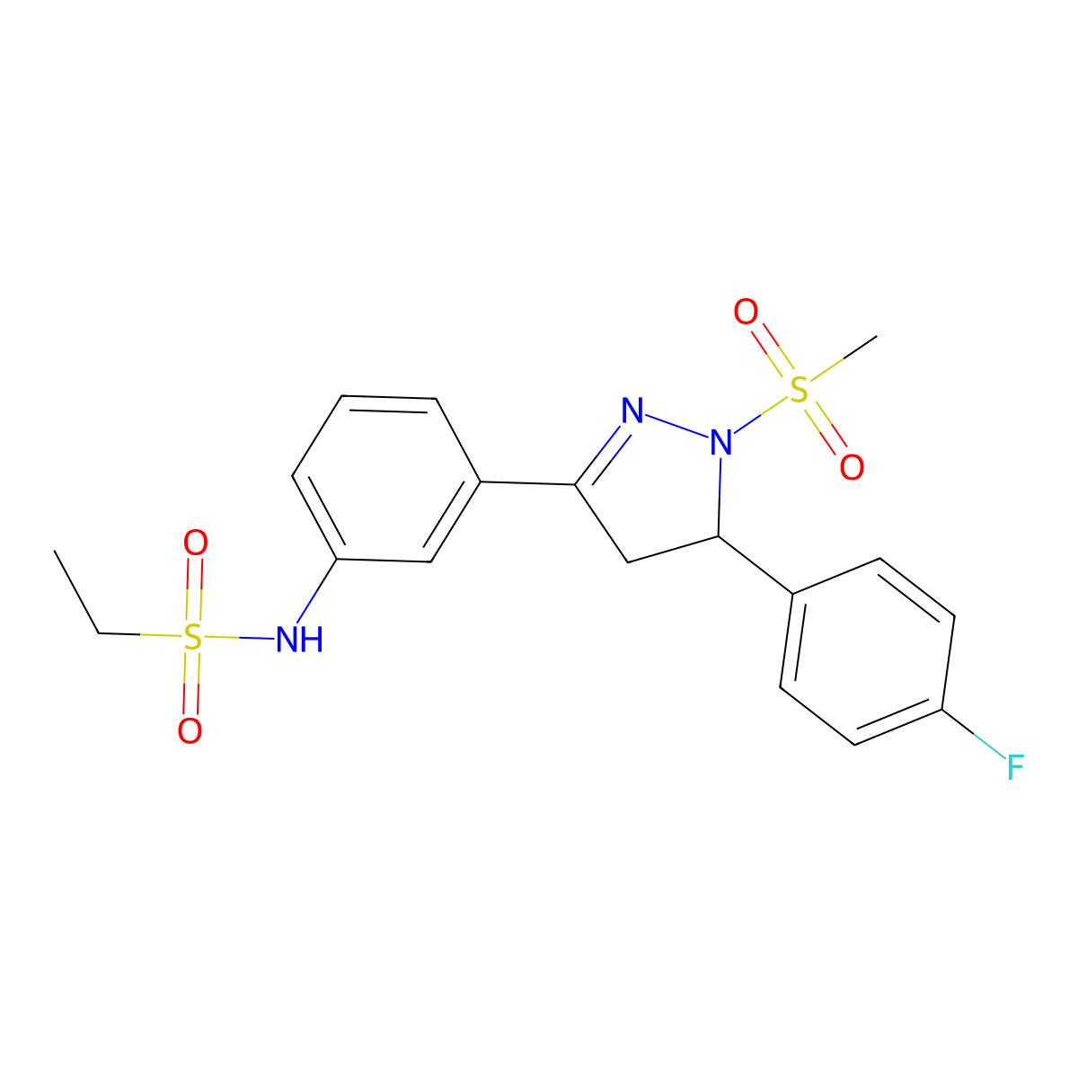 N-[3-[3-(4-fluorophenyl)-2-methylsulfonyl-3,4-dihydropyrazol-5-yl]phenyl]ethanesulfonamide molecular structure, CAS 851782-72-4
