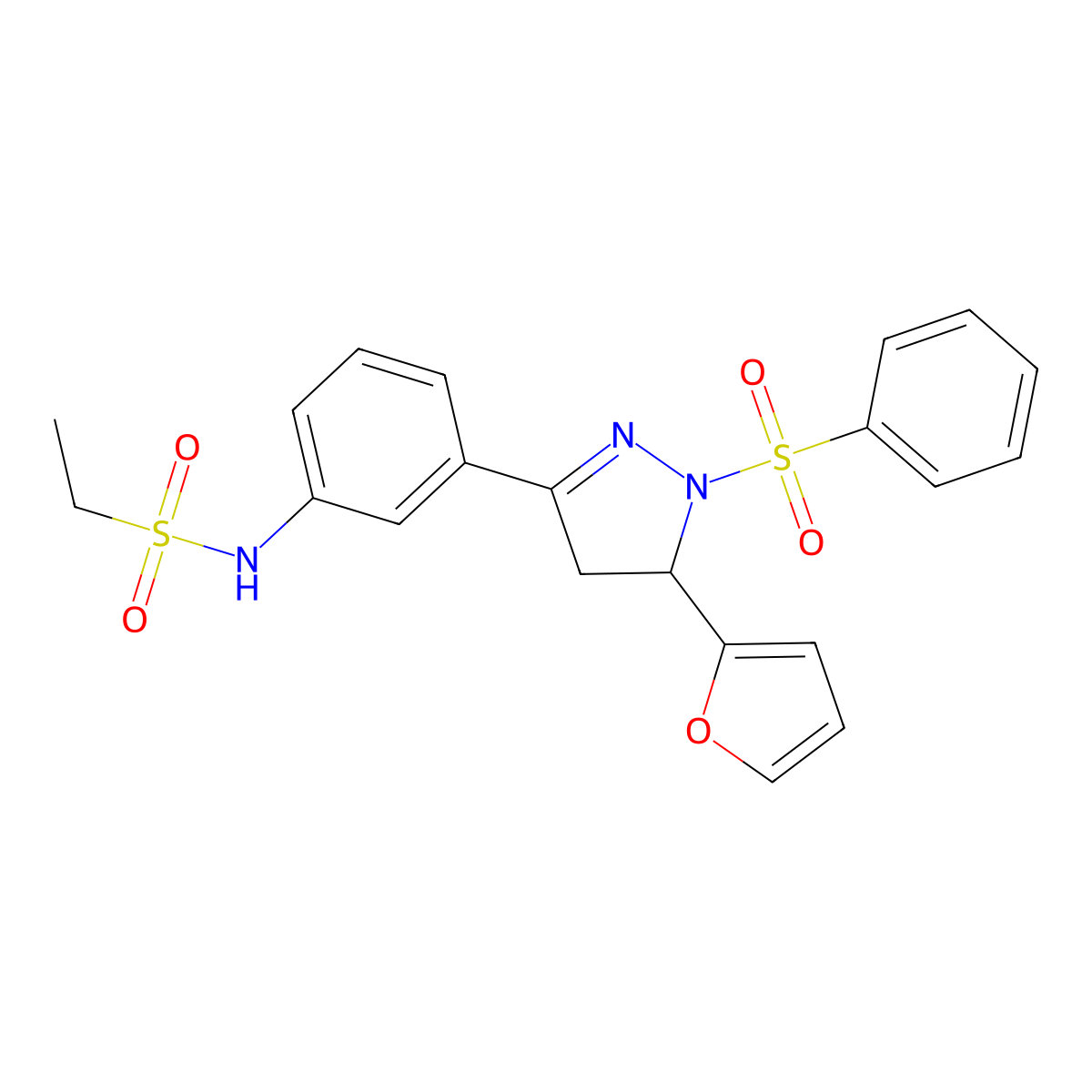 N-(3-(5-(furan-2-yl)-1-(phenylsulfonyl)-4,5-dihydro-1H-pyrazol-3-yl)phenyl)ethanesulfonamide molecular structure, CAS 851782-88-2
