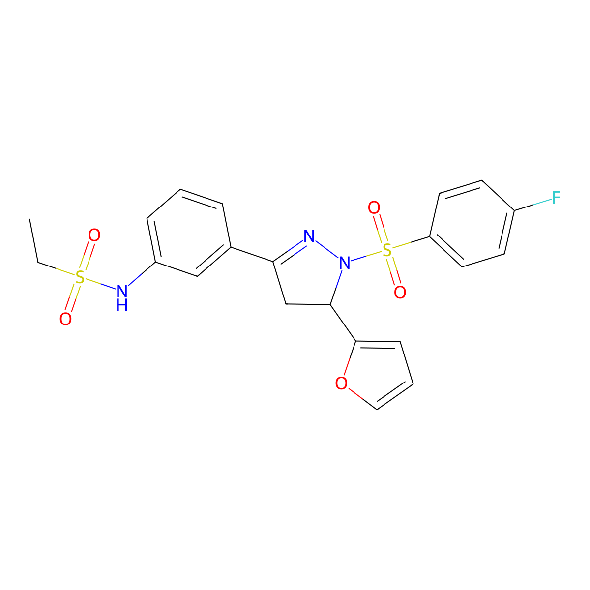 N-(3-(1-((4-fluorophenyl)sulfonyl)-5-(furan-2-yl)-4,5-dihydro-1H-pyrazol-3-yl)phenyl)ethanesulfonamide molecular structure, CAS 851782-91-7
