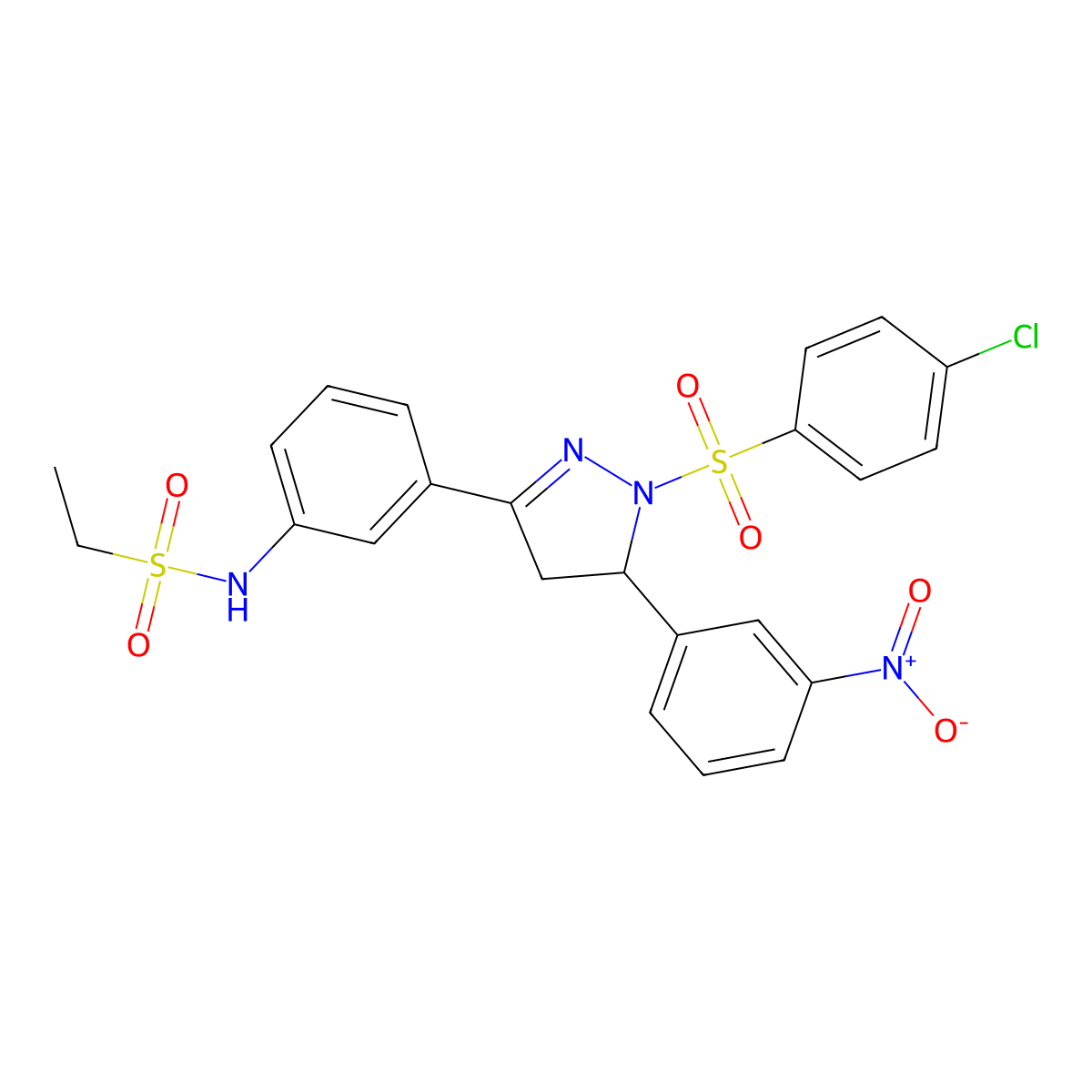 N-(3-(1-((4-chlorophenyl)sulfonyl)-5-(3-nitrophenyl)-4,5-dihydro-1H-pyrazol-3-yl)phenyl)ethanesulfonamide molecular structure, CAS 851782-92-8