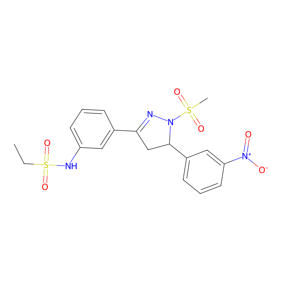 N-(3-(1-(methylsulfonyl)-5-(3-nitrophenyl)-4,5-dihydro-1H-pyrazol-3-yl)phenyl)ethanesulfonamide molecular structure, CAS 851782-94-0