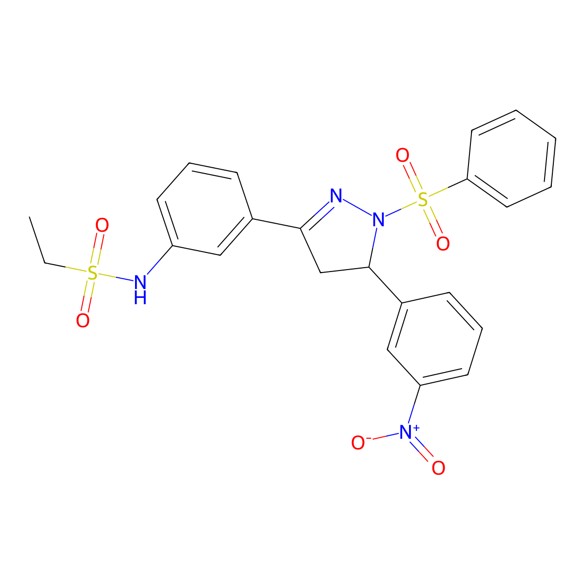 N-[3-[2-(benzenesulfonyl)-3-(3-nitrophenyl)-3,4-dihydropyrazol-5-yl]phenyl]ethanesulfonamide molecular structure, CAS 851782-95-1