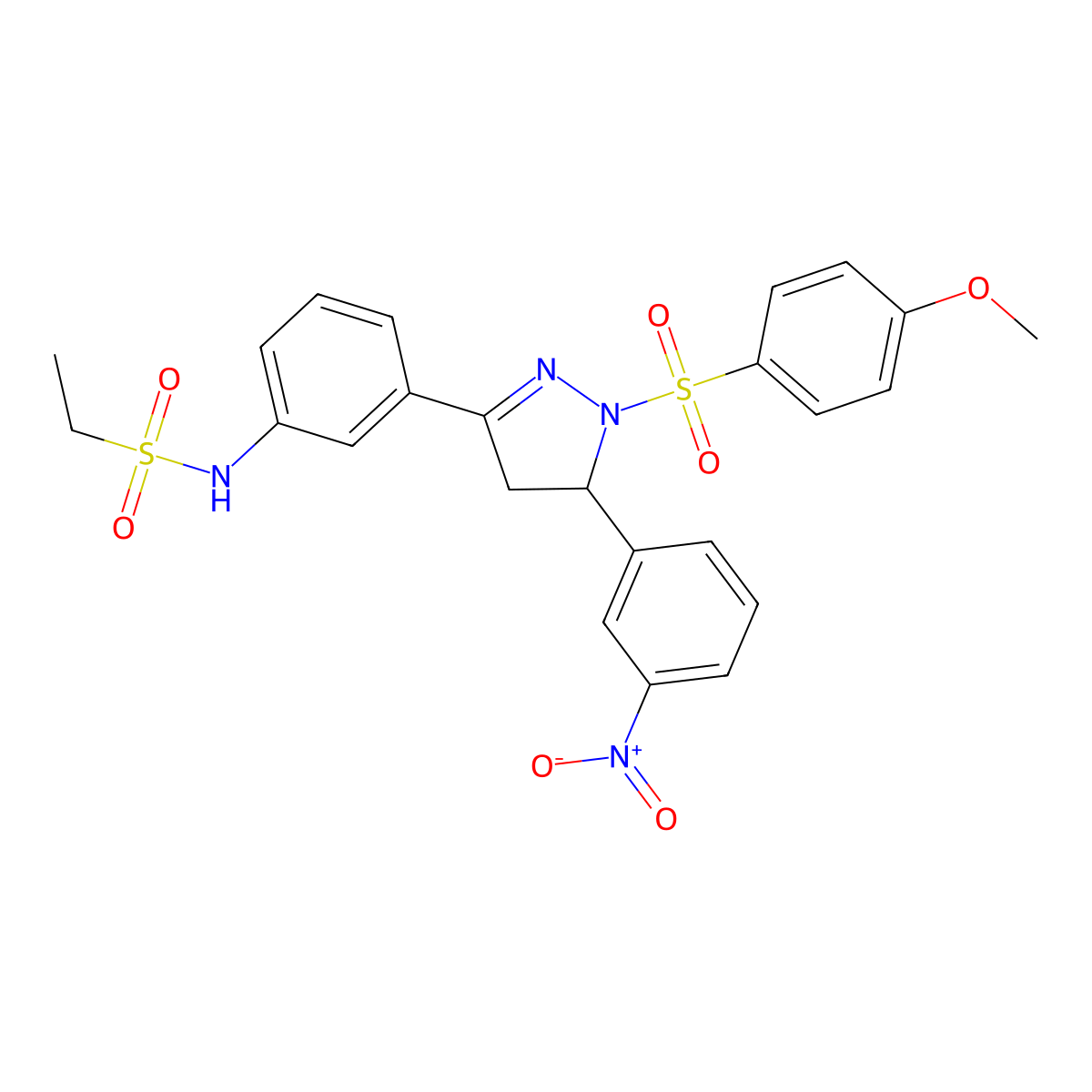 N-(3-(1-((4-methoxyphenyl)sulfonyl)-5-(3-nitrophenyl)-4,5-dihydro-1H-pyrazol-3-yl)phenyl)ethanesulfonamide molecular structure, CAS 851782-97-3
