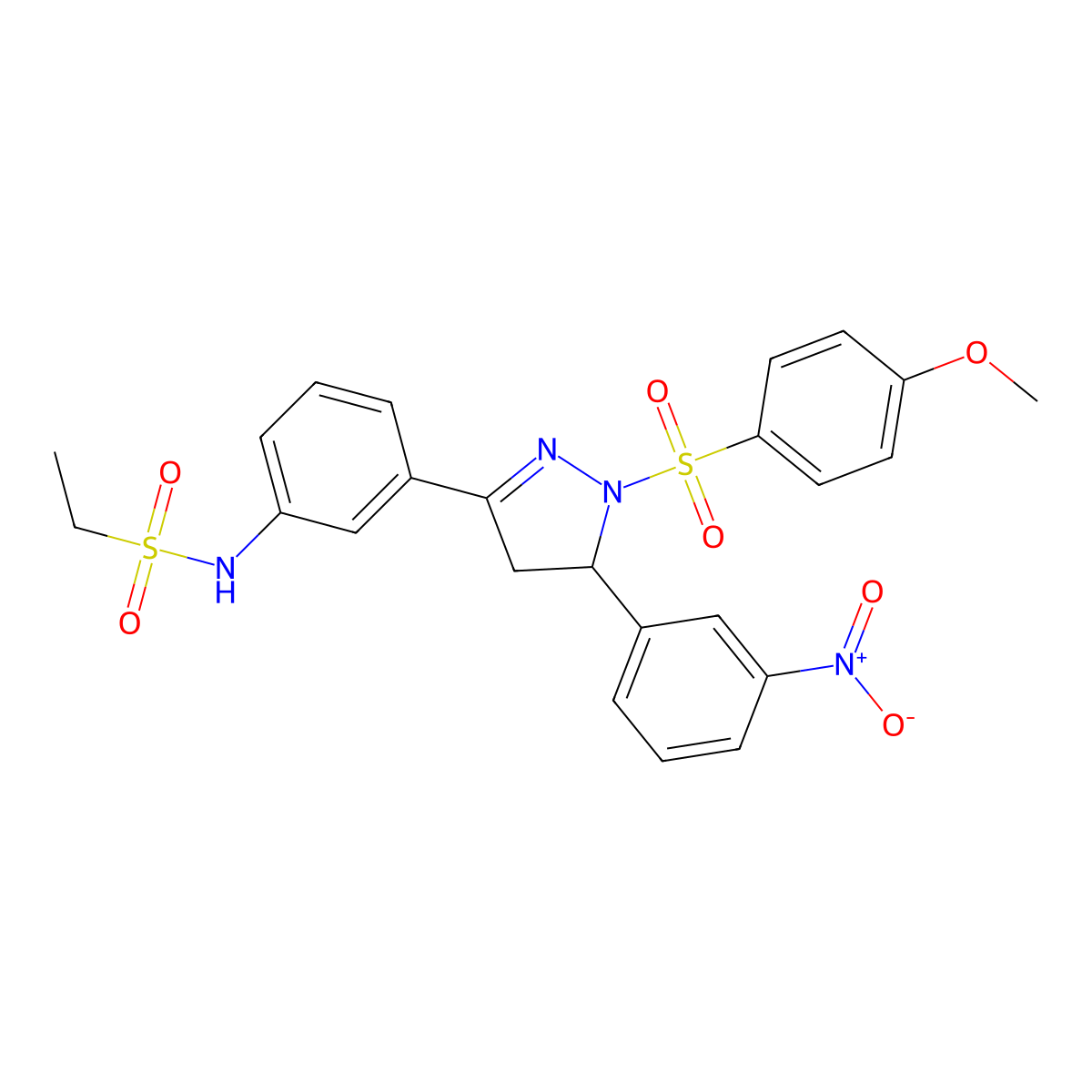 N-(3-(1-((4-methoxyphenyl)sulfonyl)-5-(3-nitrophenyl)-4,5-dihydro-1H-pyrazol-3-yl)phenyl)ethanesulfonamide molecular structure, CAS 851782-97-3
