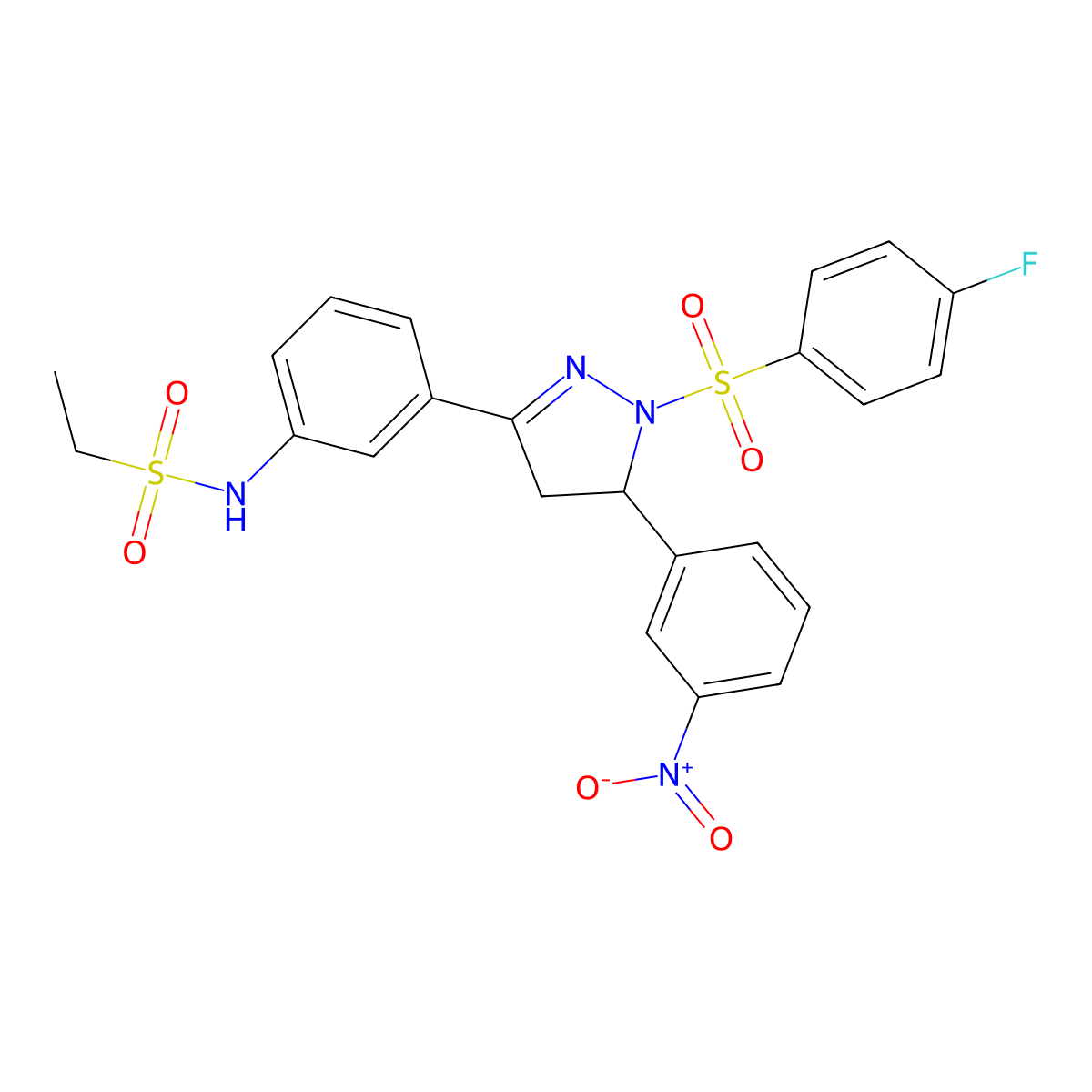 N-[3-[2-(4-fluorophenyl)sulfonyl-3-(3-nitrophenyl)-3,4-dihydropyrazol-5-yl]phenyl]ethanesulfonamide molecular structure, CAS 851782-98-4
