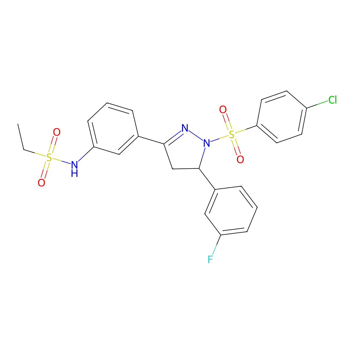 N-(3-(1-((4-chlorophenyl)sulfonyl)-5-(3-fluorophenyl)-4,5-dihydro-1H-pyrazol-3-yl)phenyl)ethanesulfonamide molecular structure, CAS 851783-05-6