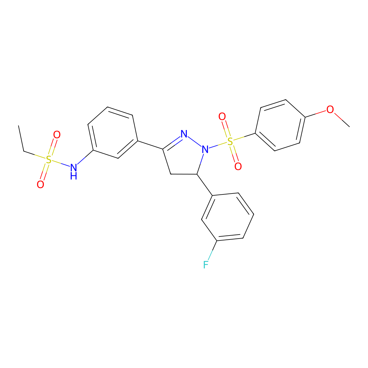 N-(3-(5-(3-fluorophenyl)-1-((4-methoxyphenyl)sulfonyl)-4,5-dihydro-1H-pyrazol-3-yl)phenyl)ethanesulfonamide molecular structure, CAS 851783-08-9