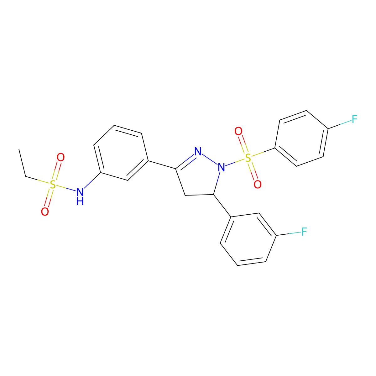 N-(3-(5-(3-fluorophenyl)-1-((4-fluorophenyl)sulfonyl)-4,5-dihydro-1H-pyrazol-3-yl)phenyl)ethanesulfonamide molecular structure, CAS 851783-09-0