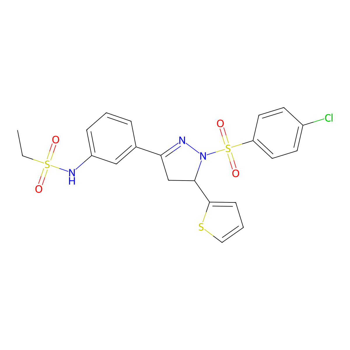 N-[3-[2-(4-chlorophenyl)sulfonyl-3-thiophen-2-yl-3,4-dihydropyrazol-5-yl]phenyl]ethanesulfonamide molecular structure, CAS 851783-15-8