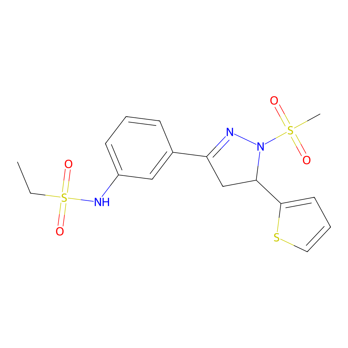 N-(3-(1-(methylsulfonyl)-5-(thiophen-2-yl)-4,5-dihydro-1H-pyrazol-3-yl)phenyl)ethanesulfonamide molecular structure, CAS 851783-17-0