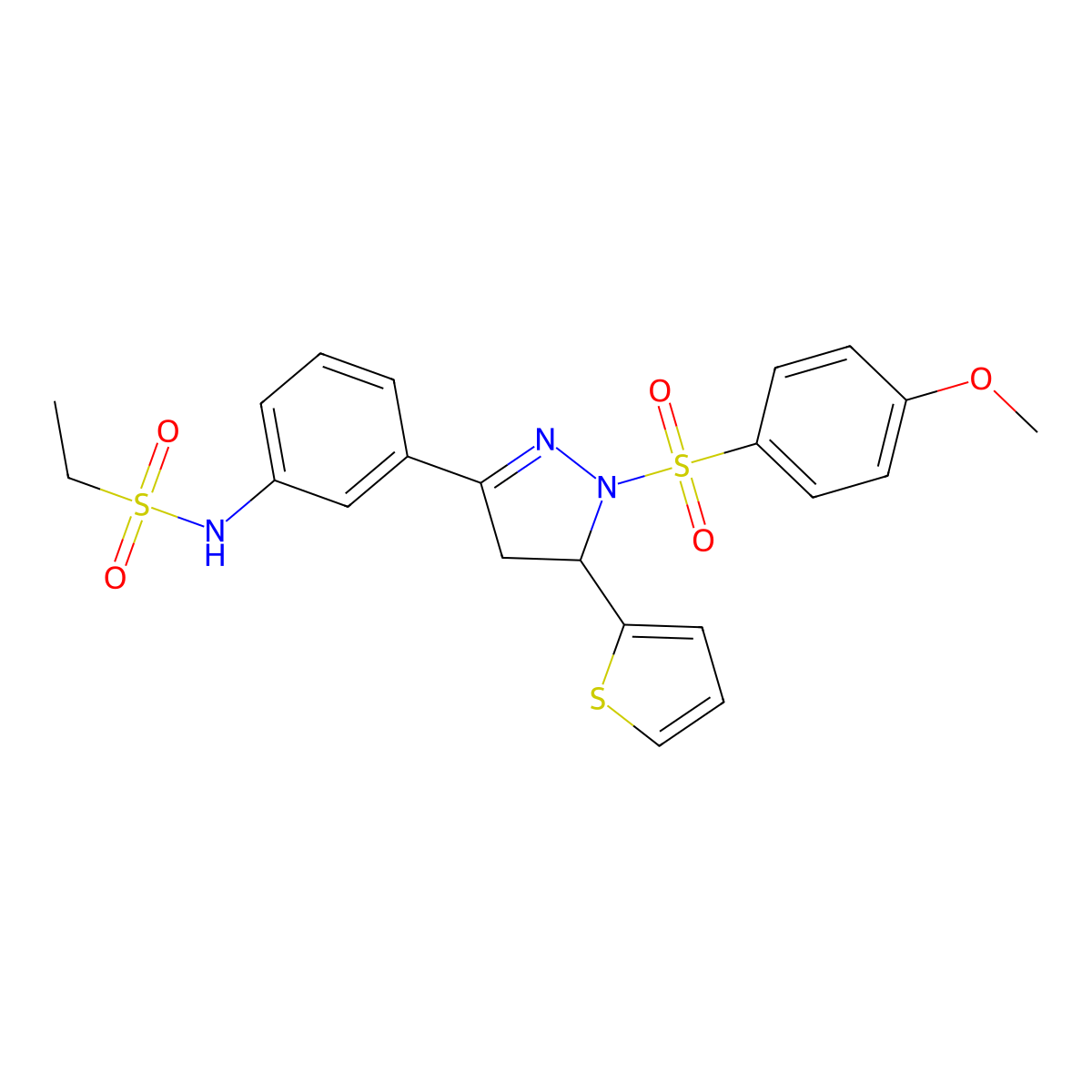 N-(3-(1-((4-methoxyphenyl)sulfonyl)-5-(thiophen-2-yl)-4,5-dihydro-1H-pyrazol-3-yl)phenyl)ethanesulfonamide molecular structure, CAS 851783-19-2