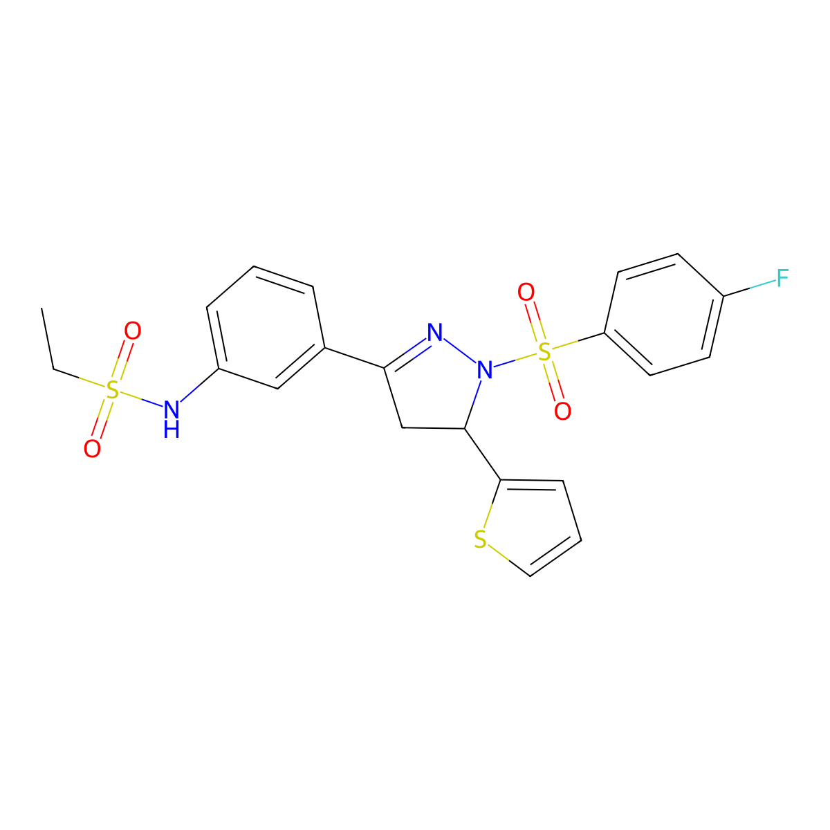 N-[3-[2-(4-fluorophenyl)sulfonyl-3-thiophen-2-yl-3,4-dihydropyrazol-5-yl]phenyl]ethanesulfonamide molecular structure, CAS 851783-20-5