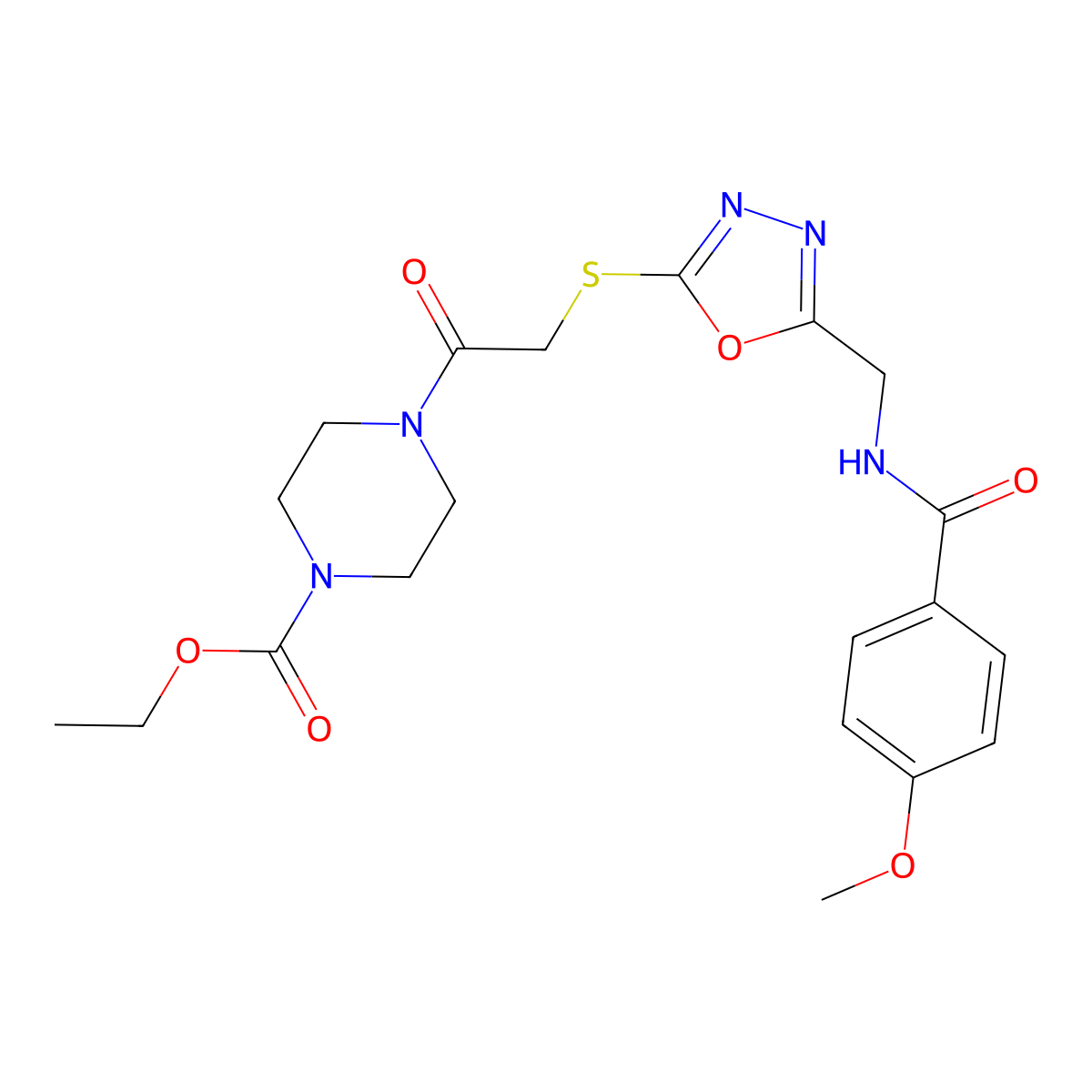 Ethyl 4-[2-[[5-[[(4-methoxybenzoyl)amino]methyl]-1,3,4-oxadiazol-2-yl]sulfanyl]acetyl]piperazine-1-carboxylate molecular structure, CAS 851783-35-2