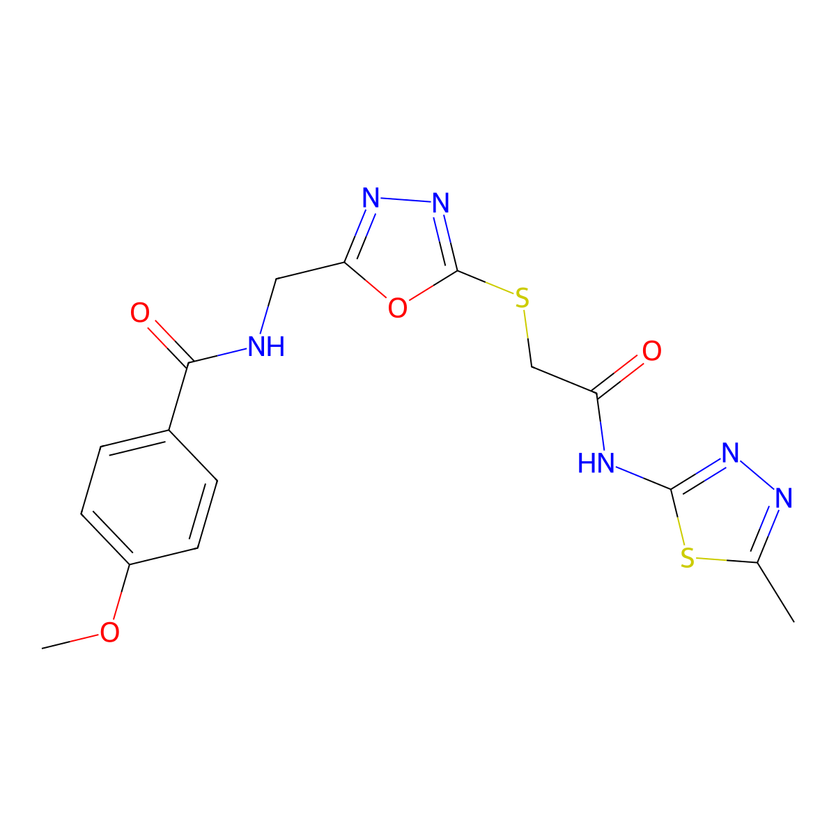 4-methoxy-N-((5-((2-((5-methyl-1,3,4-thiadiazol-2-yl)amino)-2-oxoethyl)thio)-1,3,4-oxadiazol-2-yl)methyl)benzamide molecular structure, CAS 851783-38-5