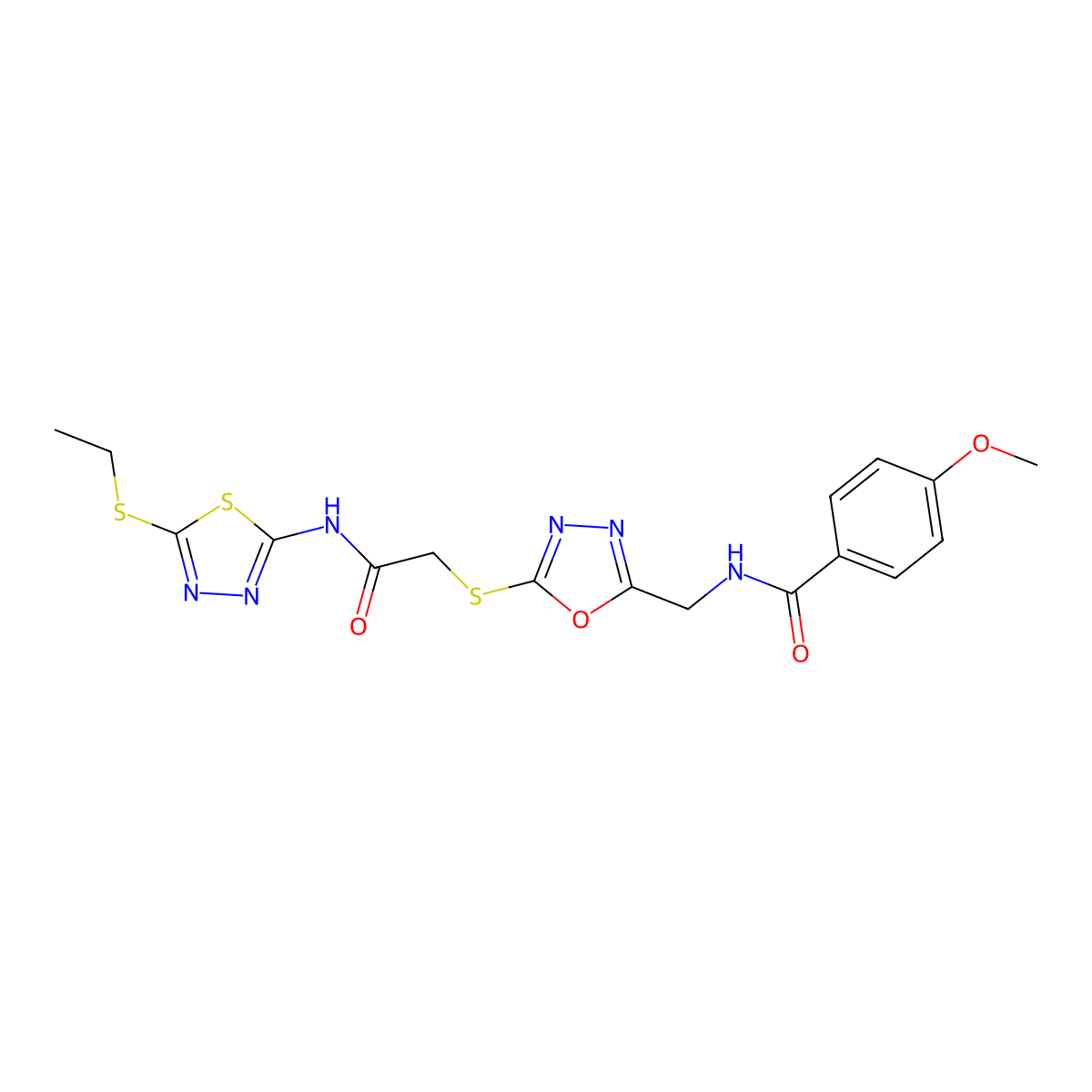 N-((5-((2-((5-(ethylthio)-1,3,4-thiadiazol-2-yl)amino)-2-oxoethyl)thio)-1,3,4-oxadiazol-2-yl)methyl)-4-methoxybenzamide molecular structure, CAS 851783-40-9