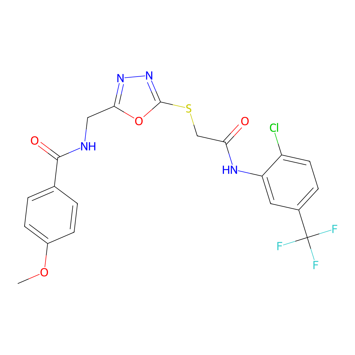 N-((5-((2-((2-chloro-5-(trifluoromethyl)phenyl)amino)-2-oxoethyl)thio)-1,3,4-oxadiazol-2-yl)methyl)-4-methoxybenzamide molecular structure, CAS 851783-41-0