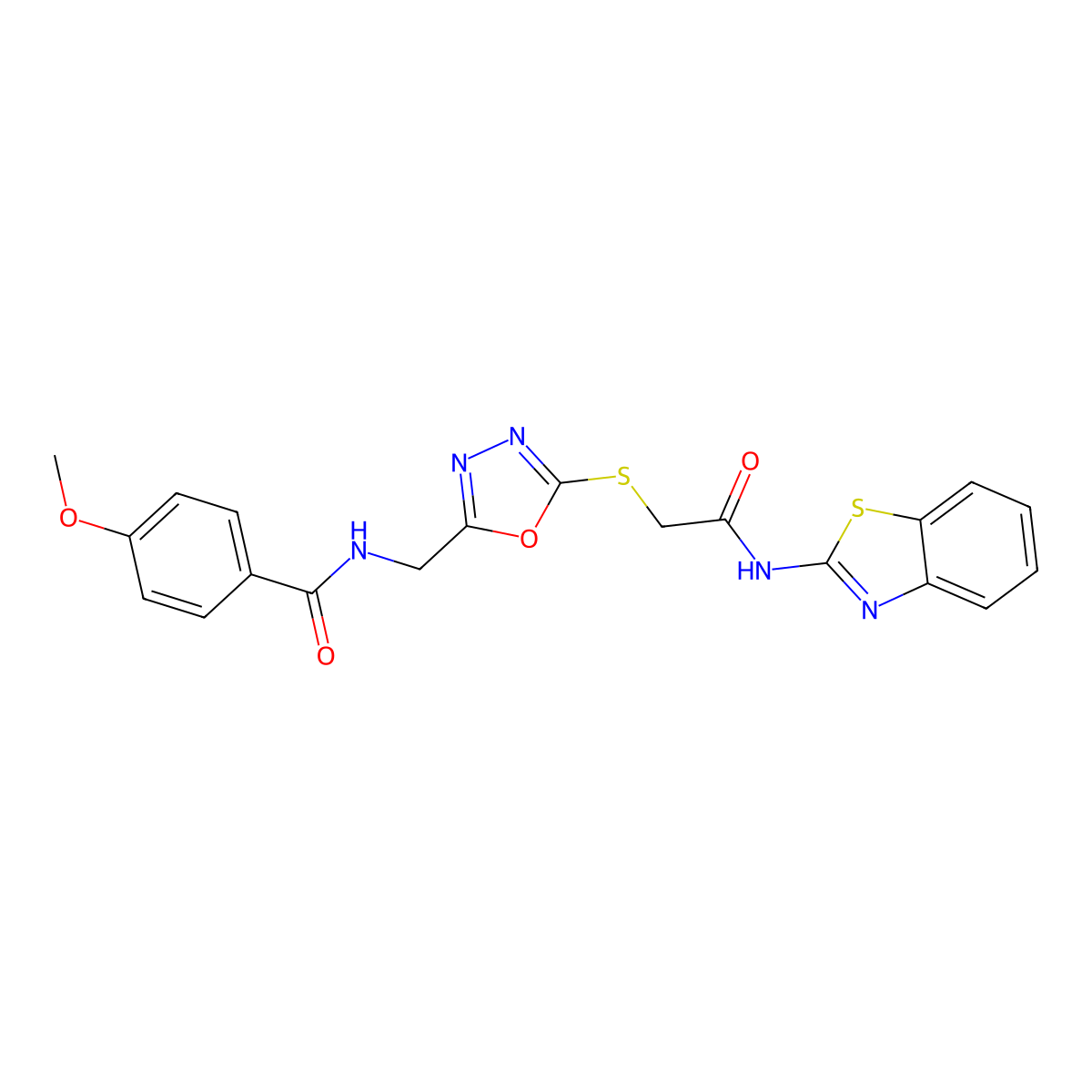 N-((5-((2-(benzo[d]thiazol-2-ylamino)-2-oxoethyl)thio)-1,3,4-oxadiazol-2-yl)methyl)-4-methoxybenzamide molecular structure, CAS 851783-63-6