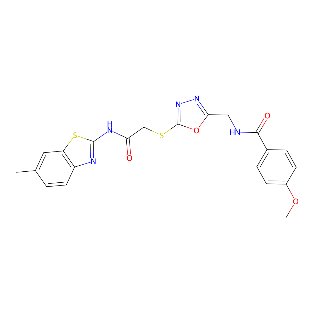 4-methoxy-N-((5-((2-((6-methylbenzo[d]thiazol-2-yl)amino)-2-oxoethyl)thio)-1,3,4-oxadiazol-2-yl)methyl)benzamide molecular structure, CAS 851783-64-7