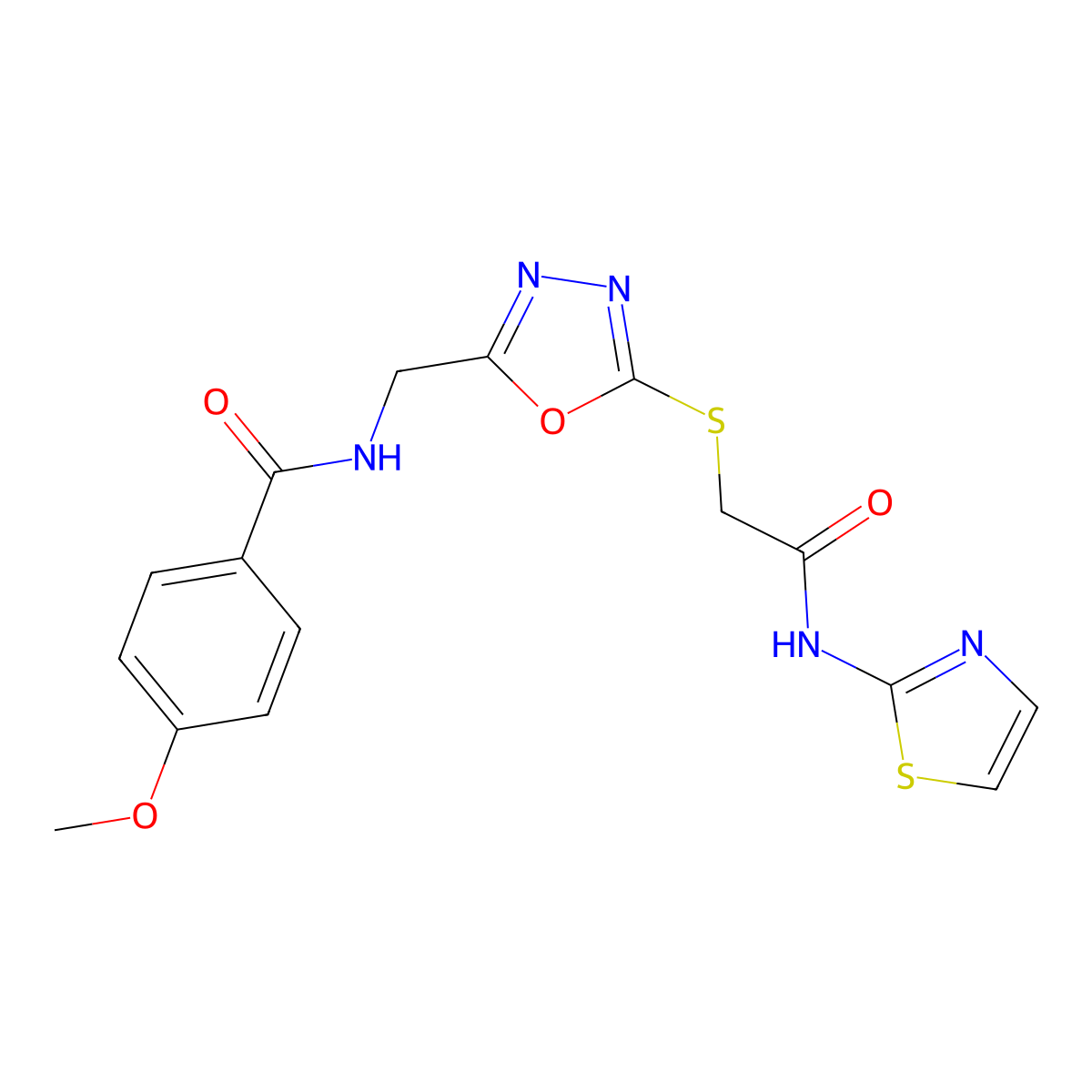 4-methoxy-N-((5-((2-oxo-2-(thiazol-2-ylamino)ethyl)thio)-1,3,4-oxadiazol-2-yl)methyl)benzamide molecular structure, CAS 851783-65-8