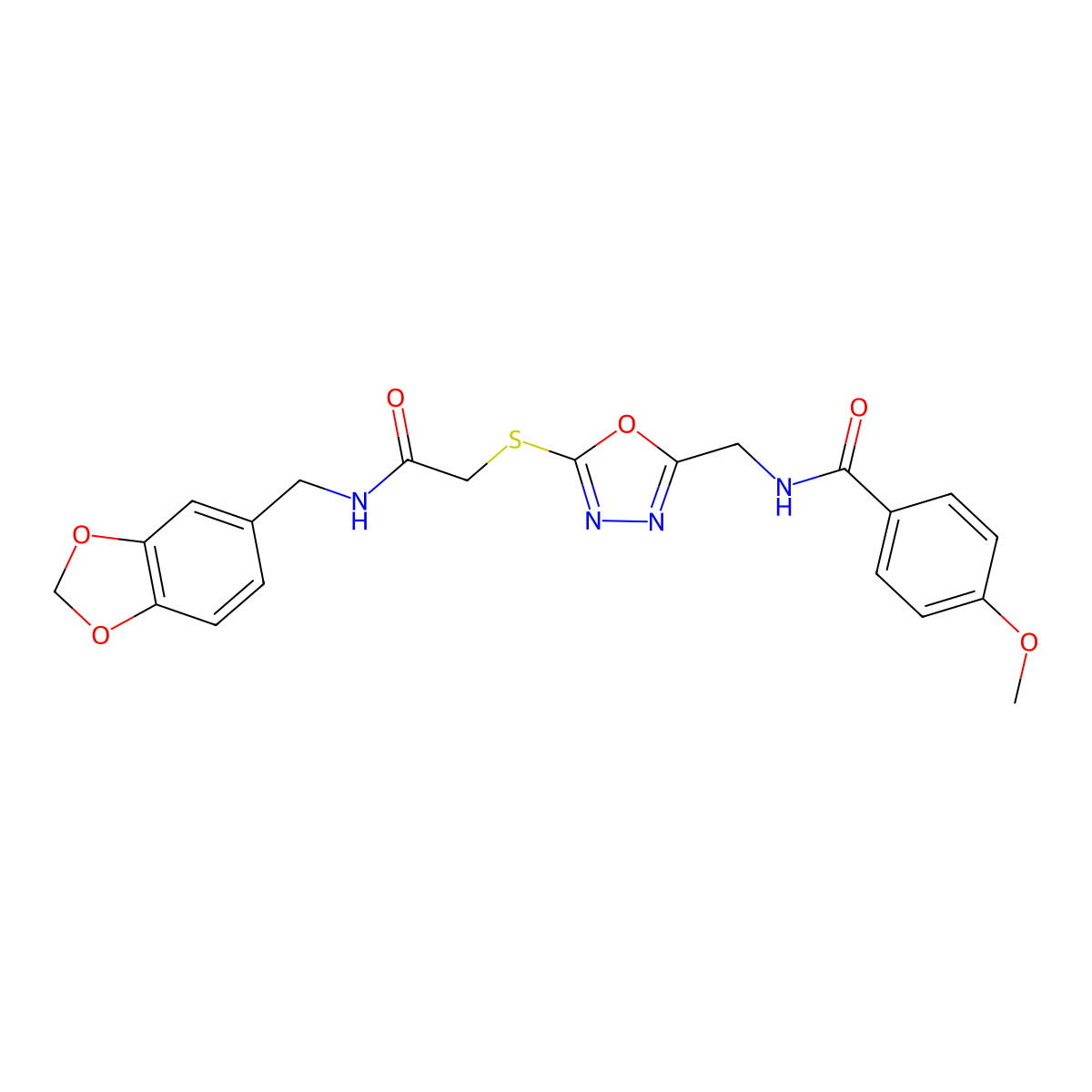 N-[[5-[2-(1,3-benzodioxol-5-ylmethylamino)-2-oxoethyl]sulfanyl-1,3,4-oxadiazol-2-yl]methyl]-4-methoxybenzamide molecular structure, CAS 851783-84-1