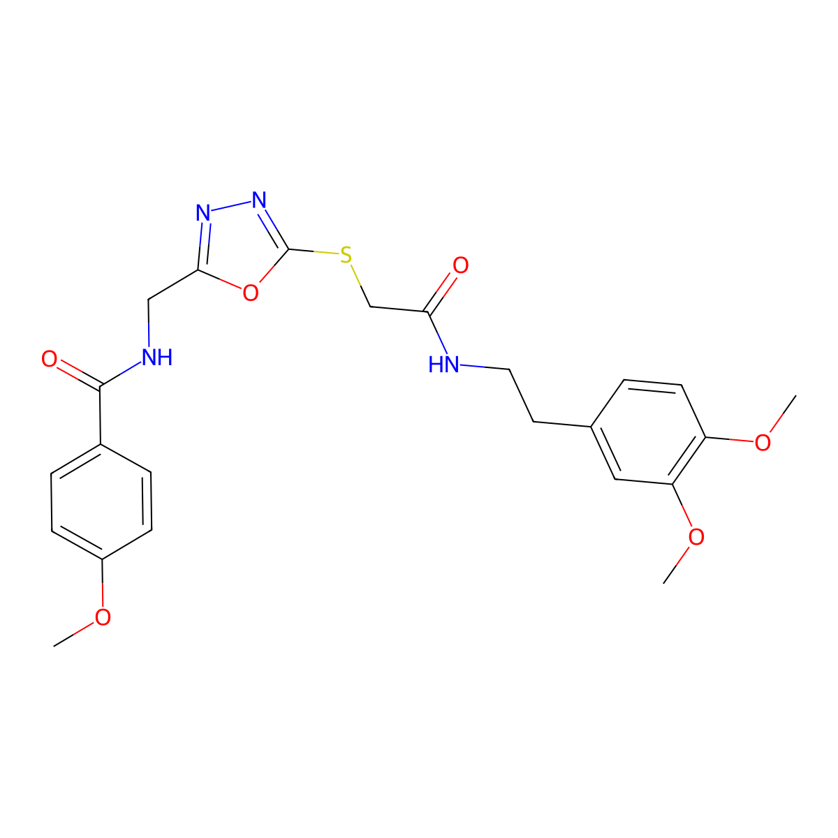 N-((5-((2-((3,4-dimethoxyphenethyl)amino)-2-oxoethyl)thio)-1,3,4-oxadiazol-2-yl)methyl)-4-methoxybenzamide molecular structure, CAS 851783-87-4