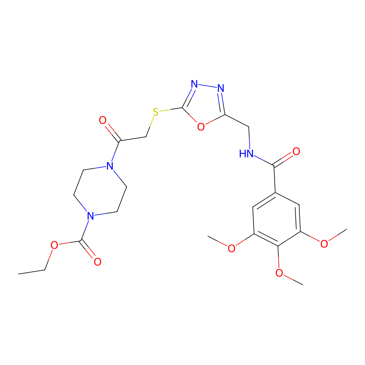 Ethyl 4-(2-((5-((3,4,5-trimethoxybenzamido)methyl)-1,3,4-oxadiazol-2-yl)thio)acetyl)piperazine-1-carboxylate molecular structure, CAS 851784-00-4