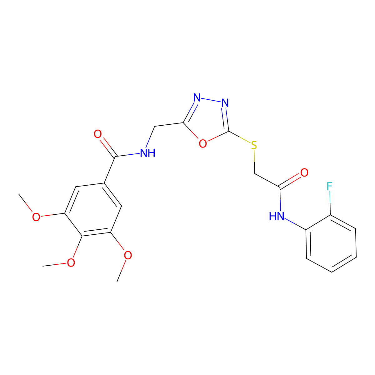 N-[[5-[2-(2-fluoroanilino)-2-oxoethyl]sulfanyl-1,3,4-oxadiazol-2-yl]methyl]-3,4,5-trimethoxybenzamide molecular structure, CAS 851784-12-8