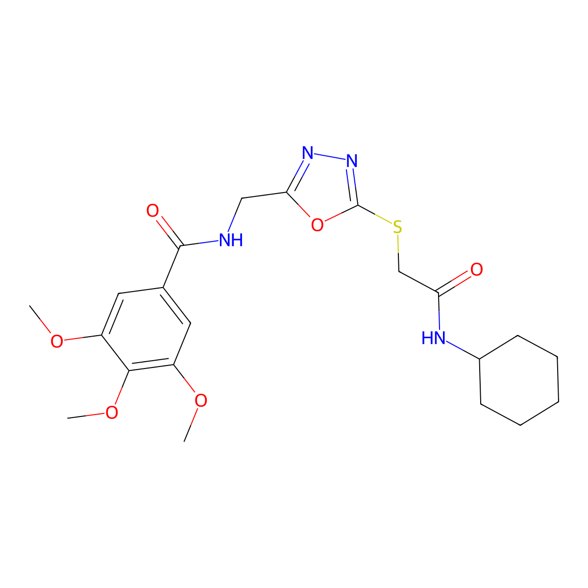 N-((5-((2-(cyclohexylamino)-2-oxoethyl)thio)-1,3,4-oxadiazol-2-yl)methyl)-3,4,5-trimethoxybenzamide molecular structure, CAS 851784-22-0