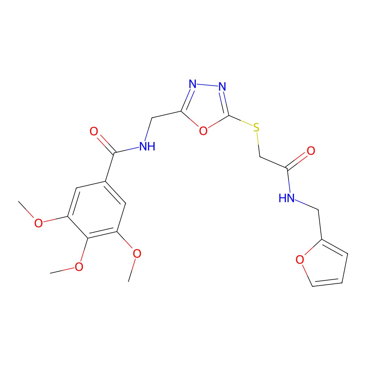 N-((5-((2-((furan-2-ylmethyl)amino)-2-oxoethyl)thio)-1,3,4-oxadiazol-2-yl)methyl)-3,4,5-trimethoxybenzamide molecular structure, CAS 851784-27-5