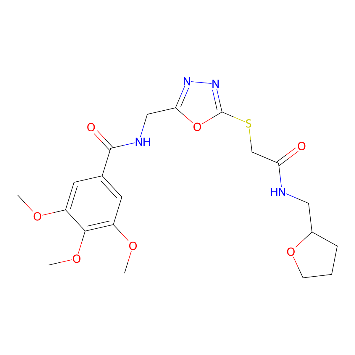 3,4,5-trimethoxy-N-((5-((2-oxo-2-(((tetrahydrofuran-2-yl)methyl)amino)ethyl)thio)-1,3,4-oxadiazol-2-yl)methyl)benzamide molecular structure, CAS 851784-28-6