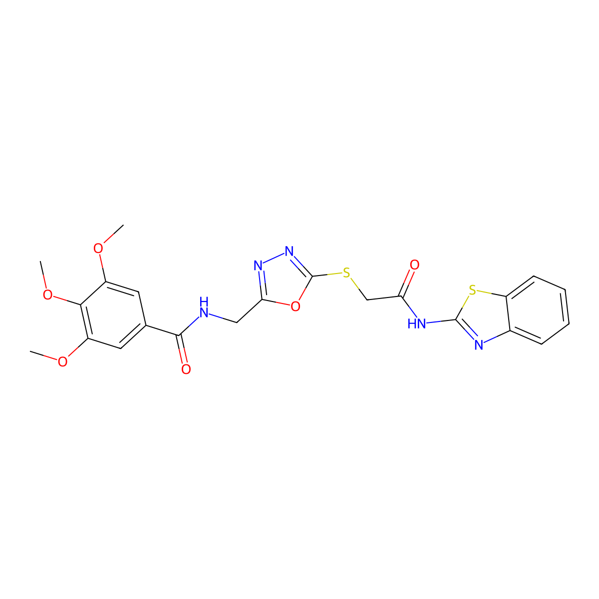 N-((5-((2-(benzo[d]thiazol-2-ylamino)-2-oxoethyl)thio)-1,3,4-oxadiazol-2-yl)methyl)-3,4,5-trimethoxybenzamide molecular structure, CAS 851784-29-7